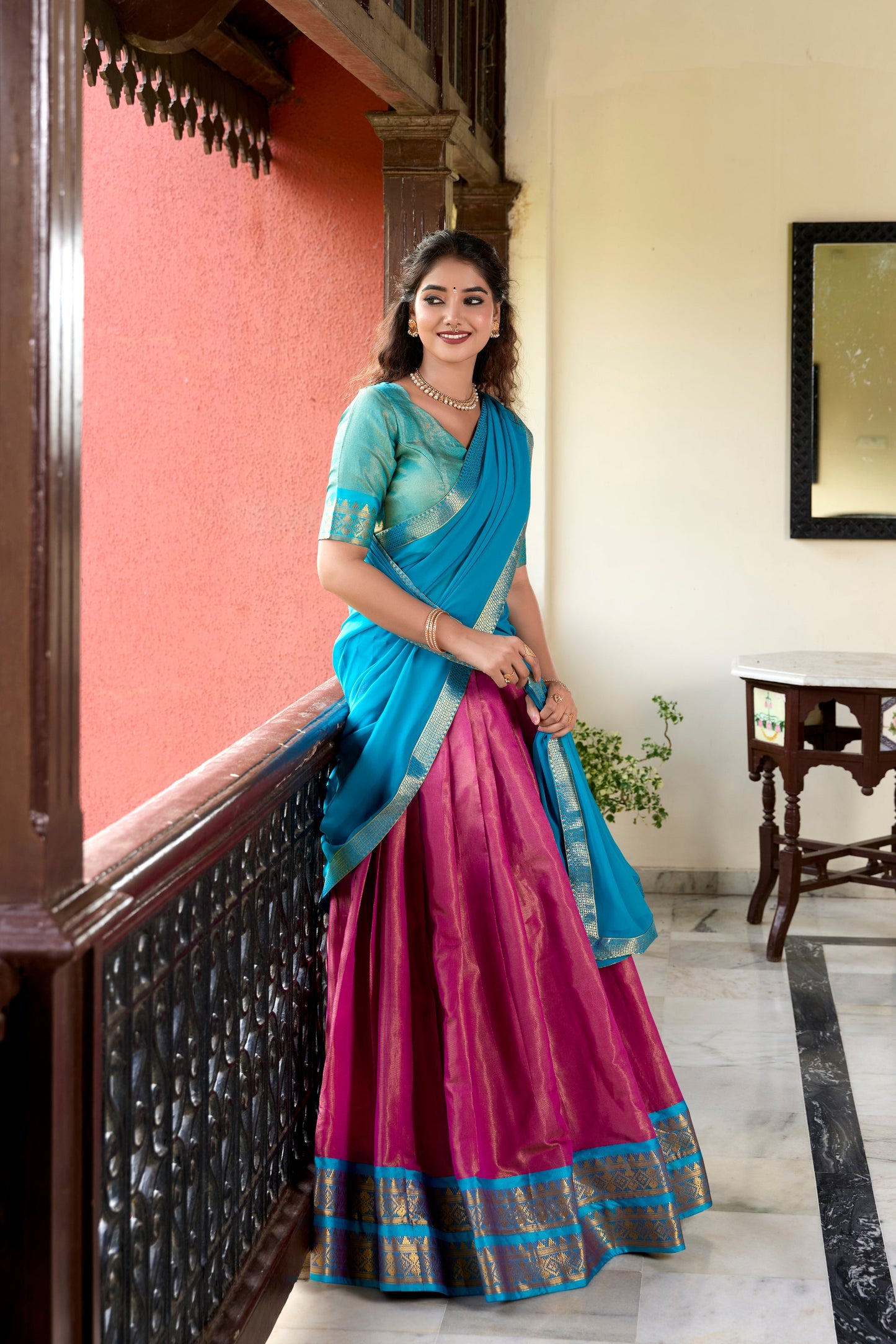 Lorenvalley Pink Kanchipuram Zari Weaving Work Lehenga Choli | Swadesiicart
