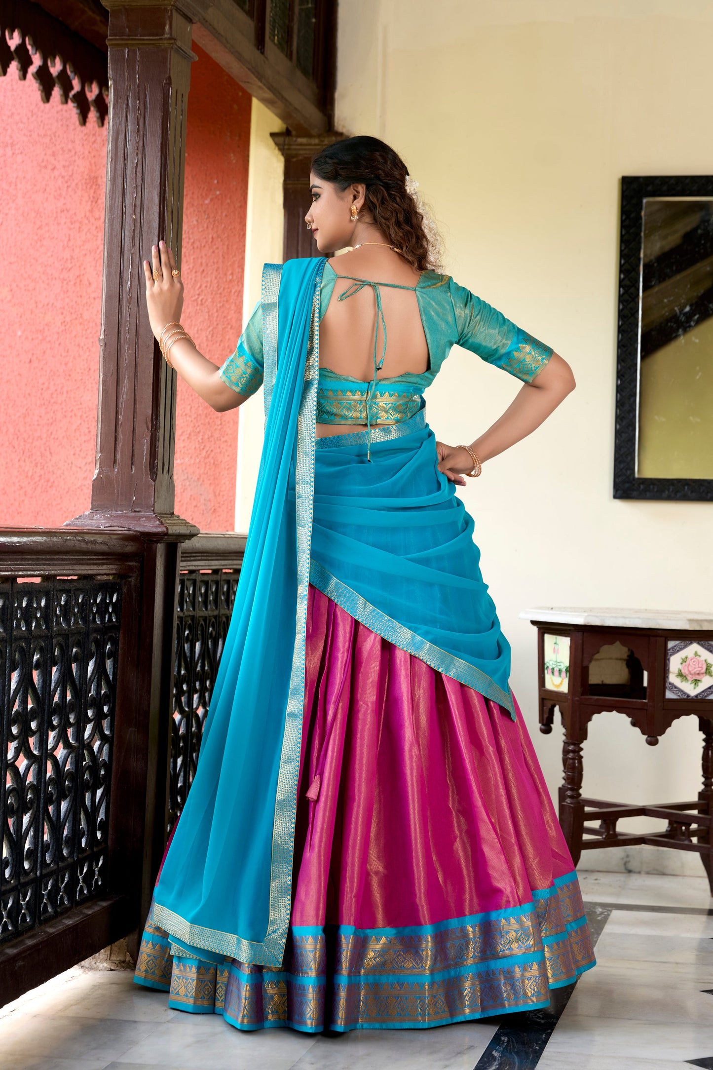 Lorenvalley Pink Kanchipuram Zari Weaving Work Lehenga Choli | Swadesiicart