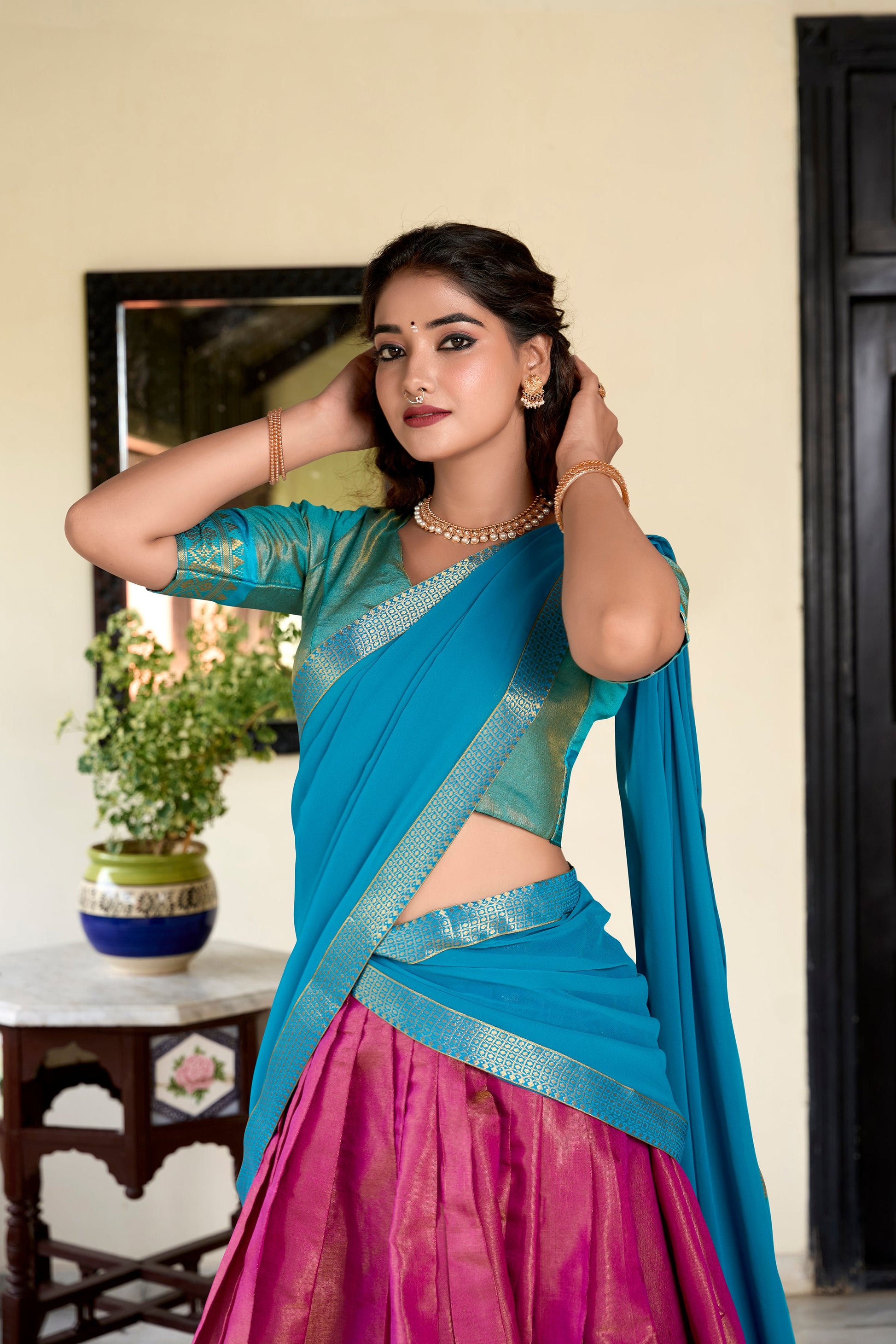 Lorenvalley Pink Kanchipuram Zari Weaving Work Lehenga Choli | Swadesiicart