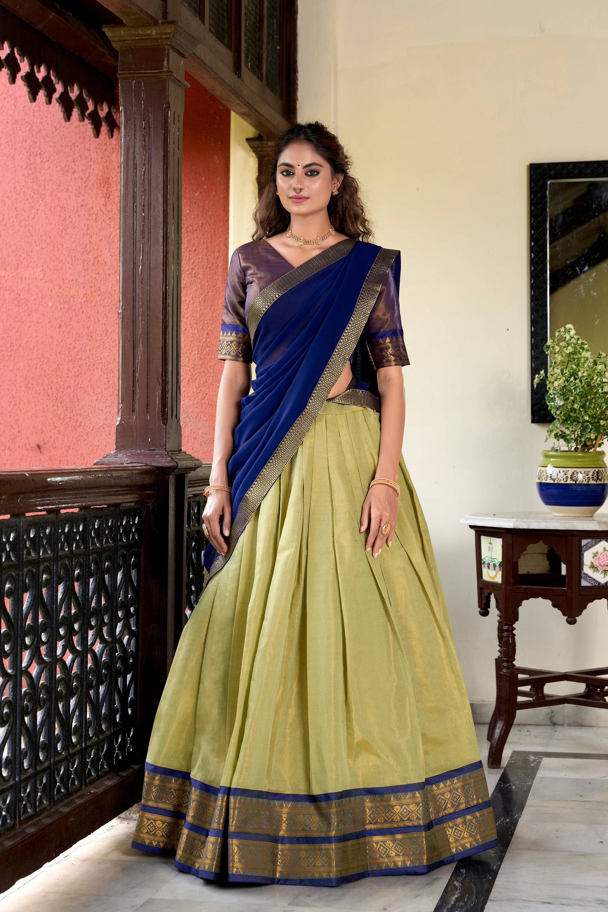 Lorenvalley Pista Kanchipuram Zari Weaving Work Lehenga Choli | Swadesiicart