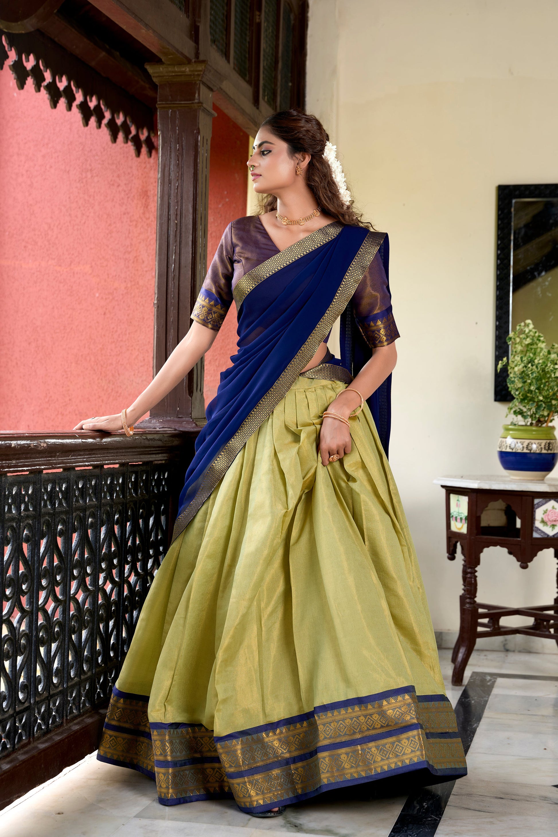 Lorenvalley Pista Kanchipuram Zari Weaving Work Lehenga Choli | Swadesiicart