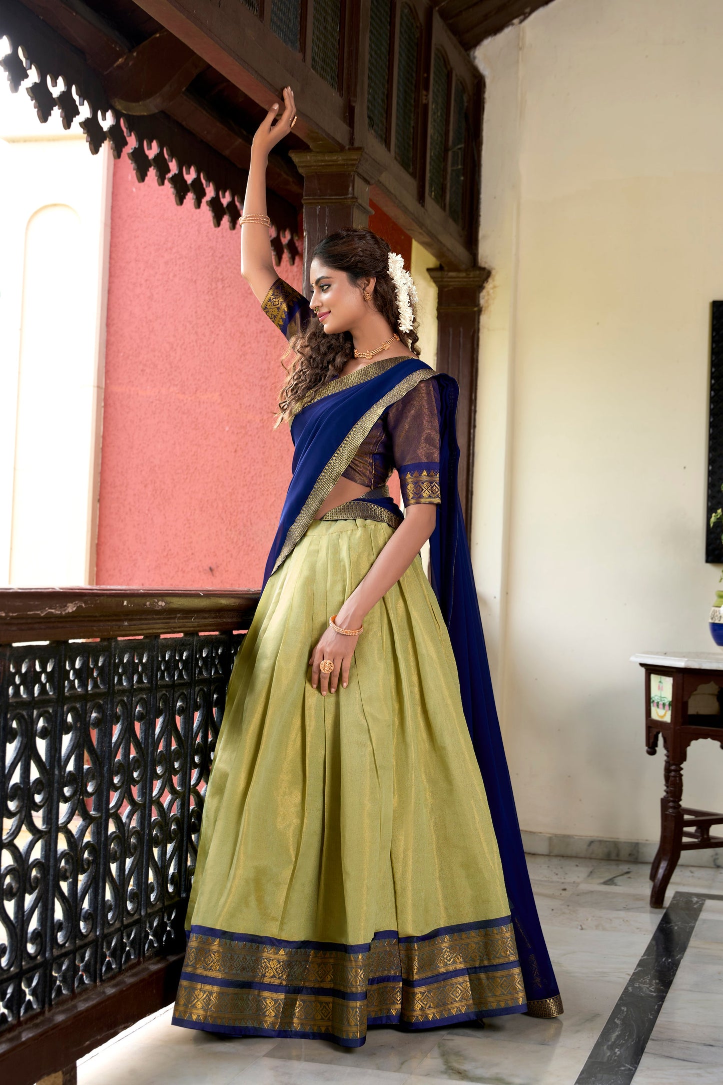 Lorenvalley Pista Kanchipuram Zari Weaving Work Lehenga Choli | Swadesiicart
