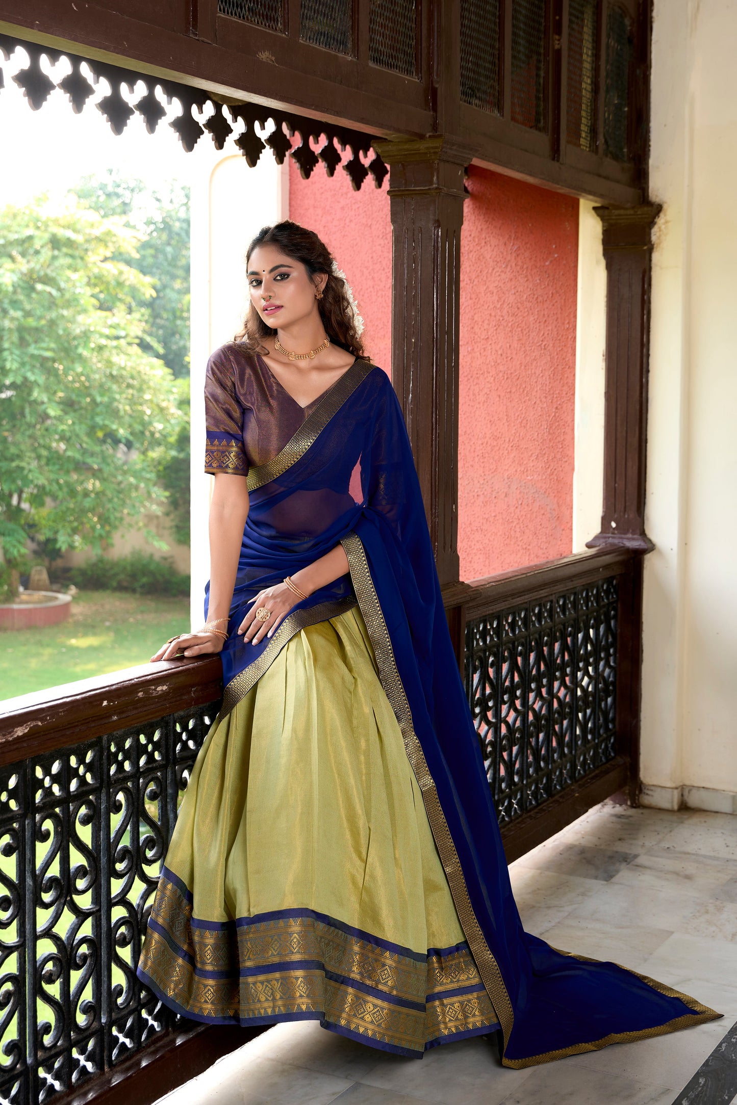 Lorenvalley Pista Kanchipuram Zari Weaving Work Lehenga Choli | Swadesiicart