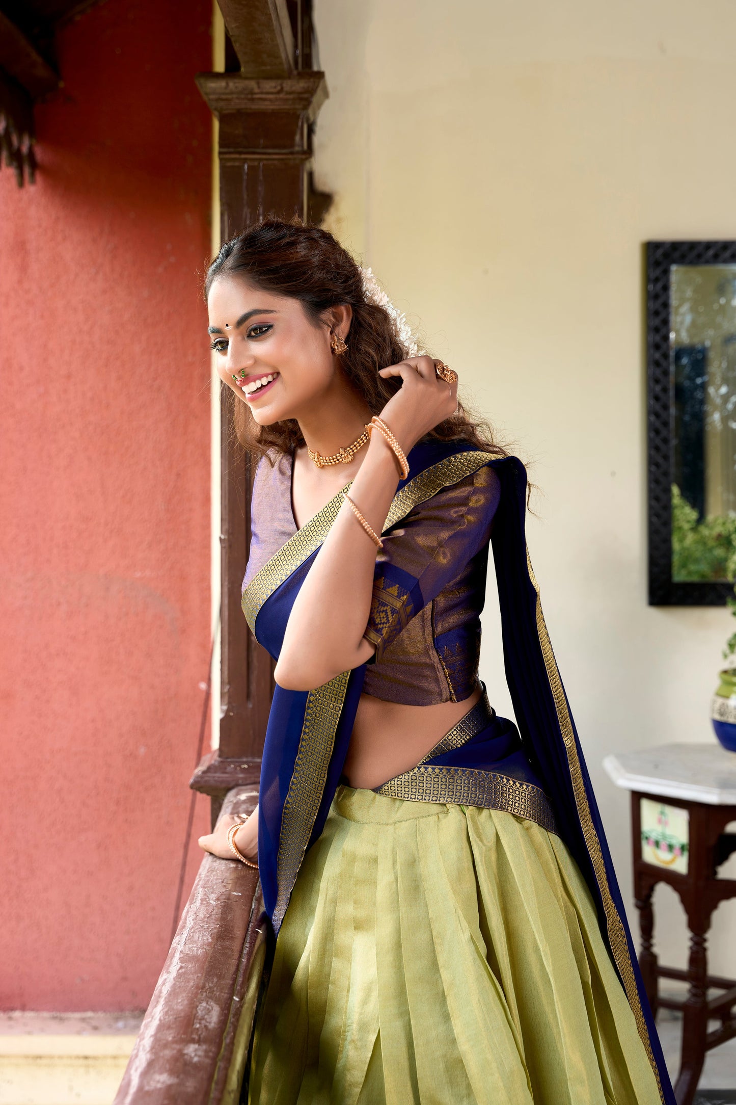 Lorenvalley Pista Kanchipuram Zari Weaving Work Lehenga Choli | Swadesiicart