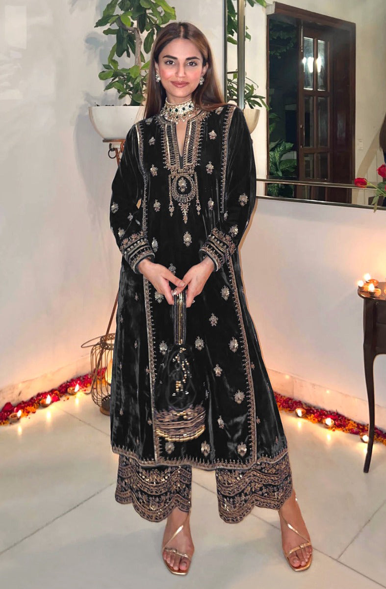 Lorenvalley Fashion Women Black Velvet Embroidered Salwar Suit Material | Swadesiicart