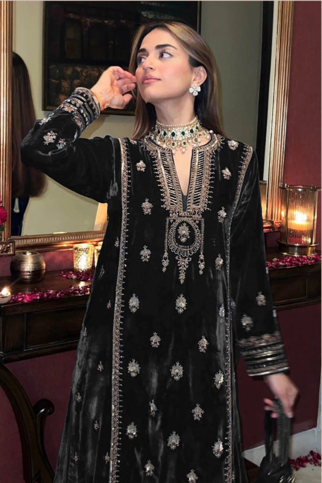 Lorenvalley Fashion Women Black Velvet Embroidered Salwar Suit Material | Swadesiicart