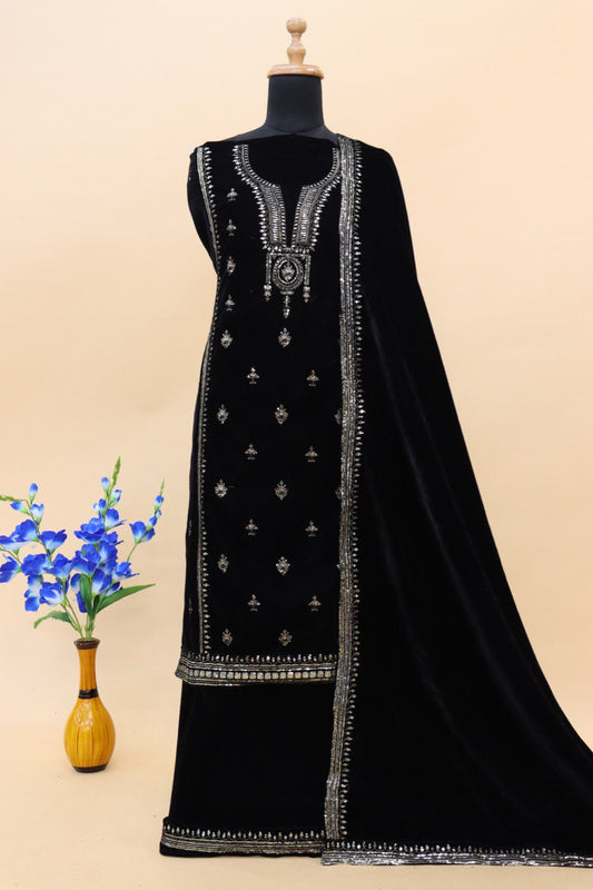 Lorenvalley Fashion Women Black Velvet Embroidered Salwar Suit Material | Swadesiicart