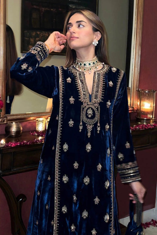 Lorenvalley Fashion Women Blue Velvet Embroidered Salwar Suit Material | Swadesiicart