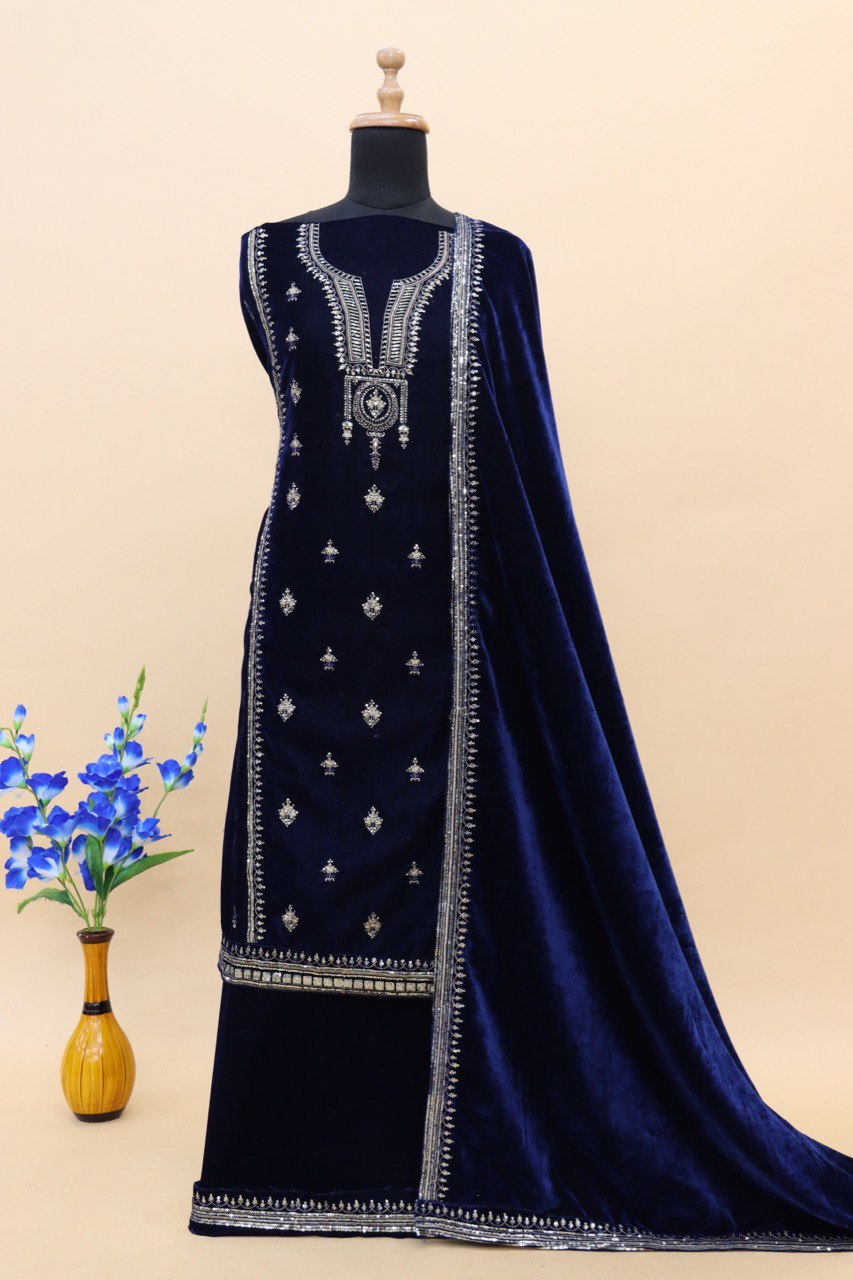 Lorenvalley Fashion Women Blue Velvet Embroidered Salwar Suit Material | Swadesiicart