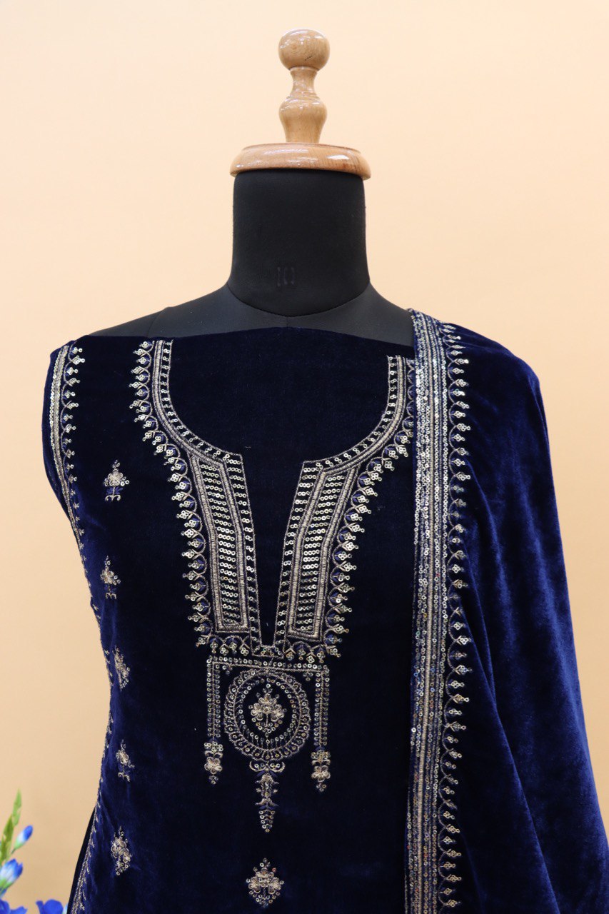 Lorenvalley Fashion Women Blue Velvet Embroidered Salwar Suit Material | Swadesiicart