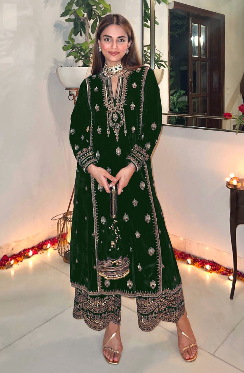 Lorenvalley Fashion Women Green Velvet Embroidered Salwar Suit Material | Swadesiicart