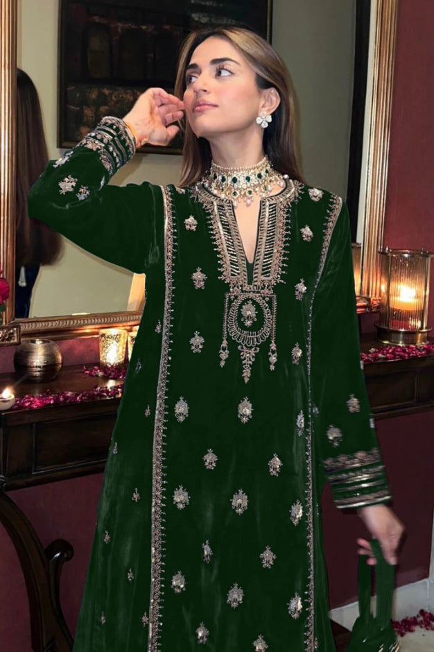 Lorenvalley Fashion Women Green Velvet Embroidered Salwar Suit Material | Swadesiicart