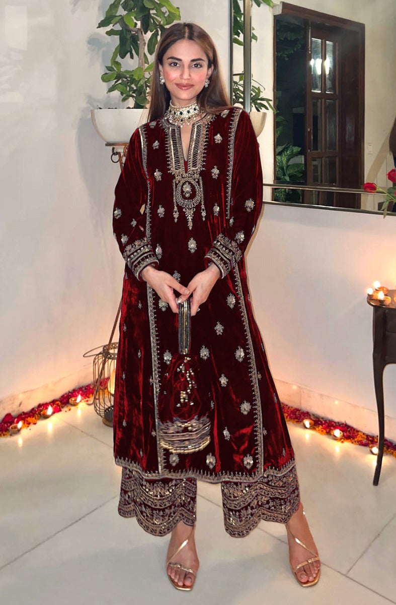 Lorenvalley Fashion Women Maroon Velvet Embroidered Salwar Suit Material | Swadesiicart