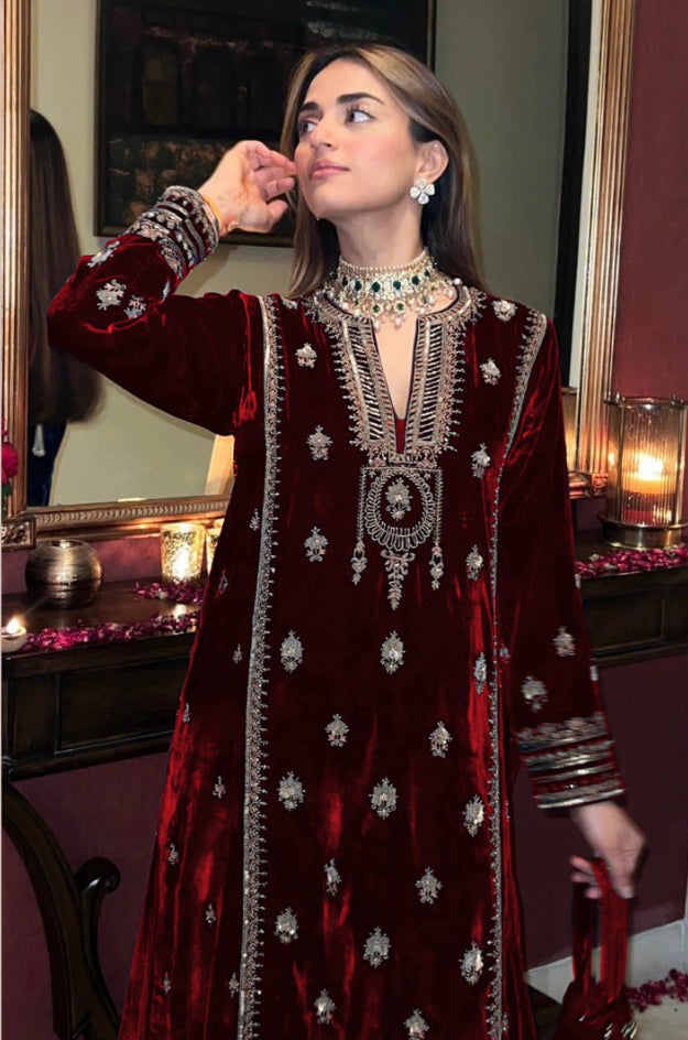 Lorenvalley Fashion Women Maroon Velvet Embroidered Salwar Suit Material | Swadesiicart