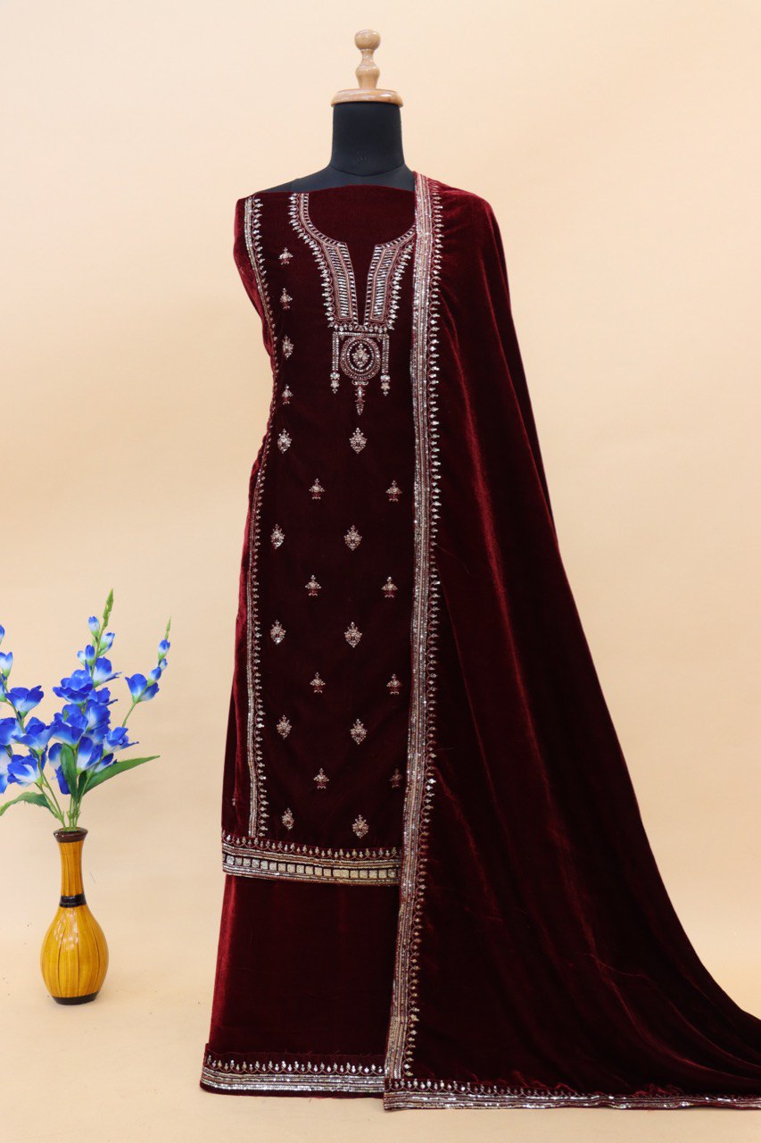 Lorenvalley Fashion Women Maroon Velvet Embroidered Salwar Suit Material | Swadesiicart