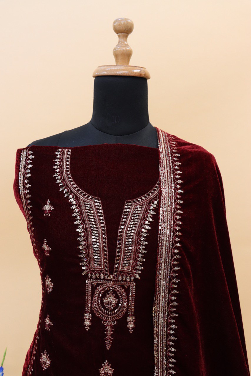 Lorenvalley Fashion Women Maroon Velvet Embroidered Salwar Suit Material | Swadesiicart