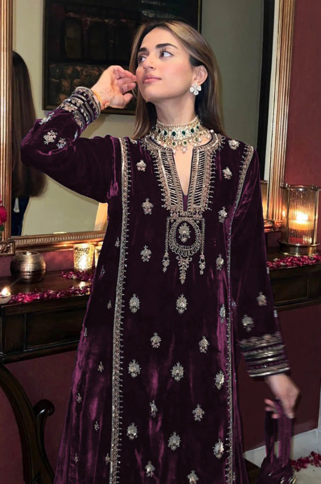 Lorenvalley Fashion Women Purple Velvet Embroidered Salwar Suit Material | Swadesiicart