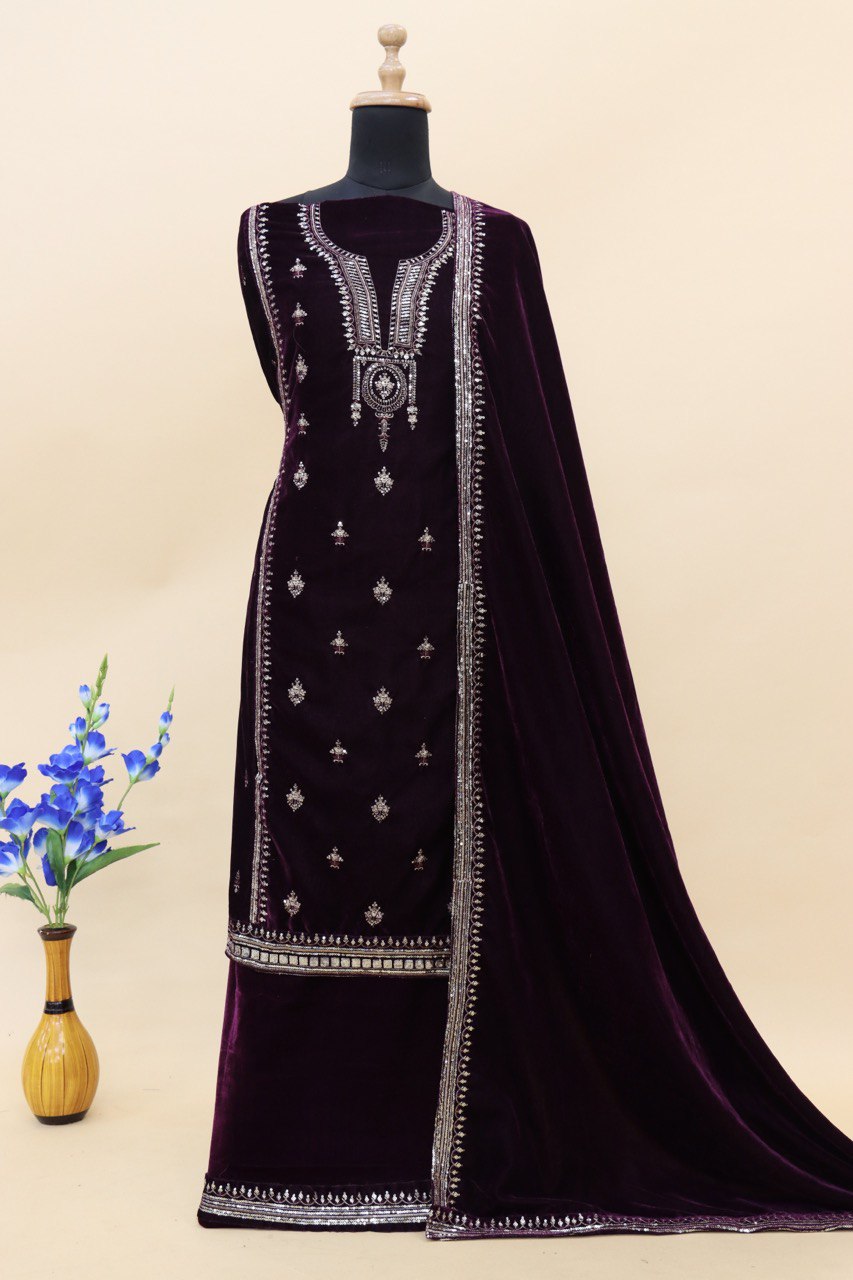 Lorenvalley Fashion Women Purple Velvet Embroidered Salwar Suit Material | Swadesiicart