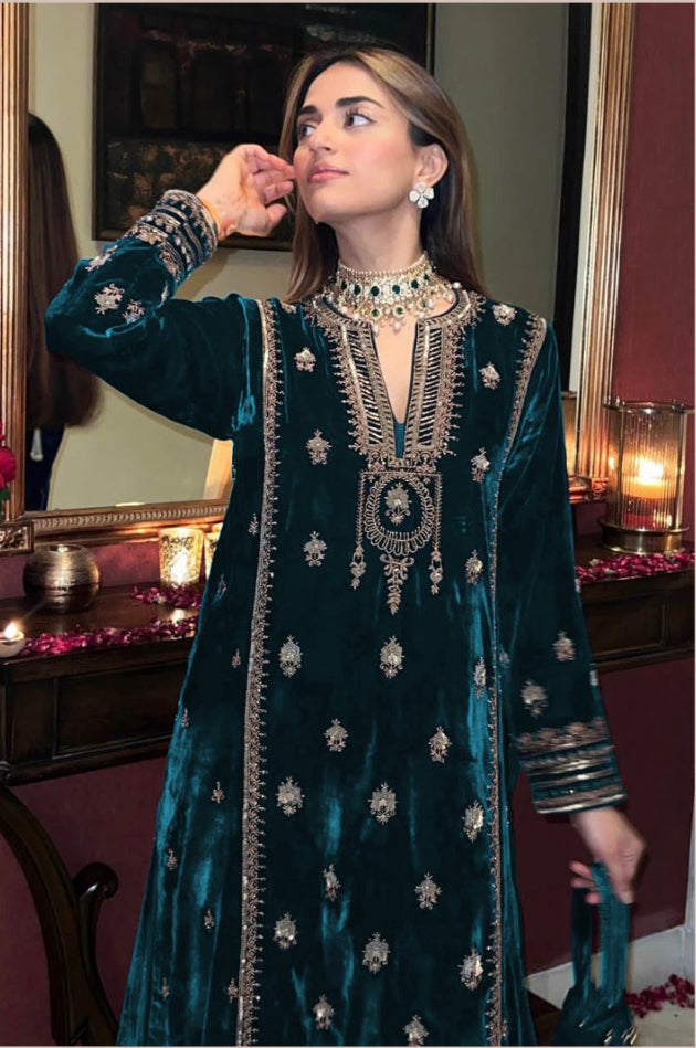 Lorenvalley Fashion Women Rama Velvet Embroidered Salwar Suit Material | Swadesiicart