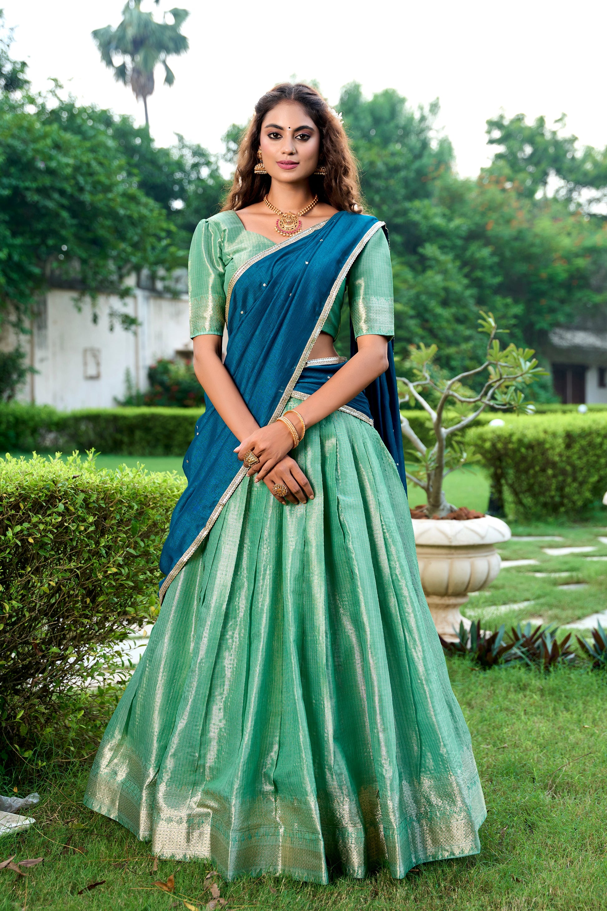 Lorenvalley Pista Kanchipuram Zari Weaving Work Lehenga Choli with Dupatta | Swadesiicart