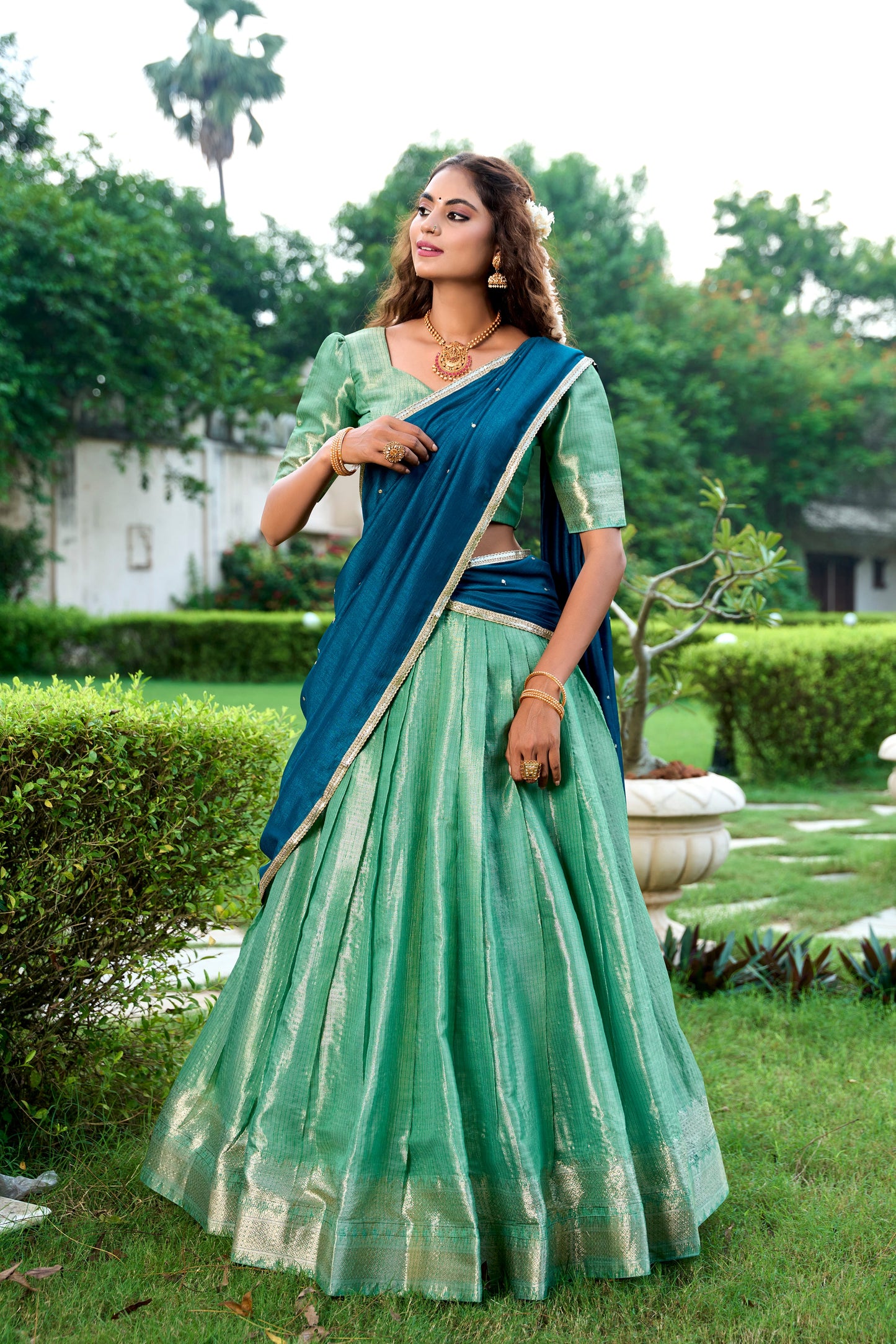 Lorenvalley Pista Kanchipuram Zari Weaving Work Lehenga Choli with Dupatta | Swadesiicart