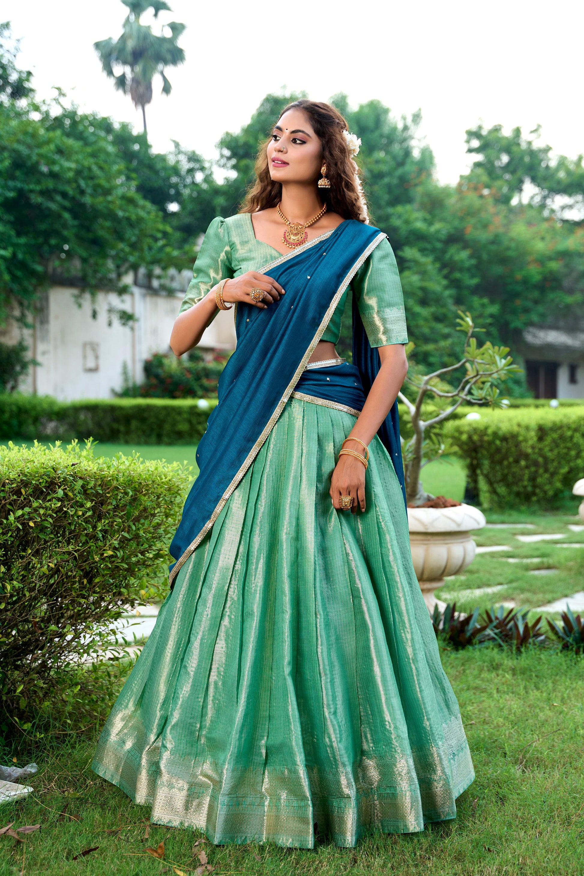 Lorenvalley Pista Kanchipuram Zari Weaving Work Lehenga Choli with Dupatta | Swadesiicart