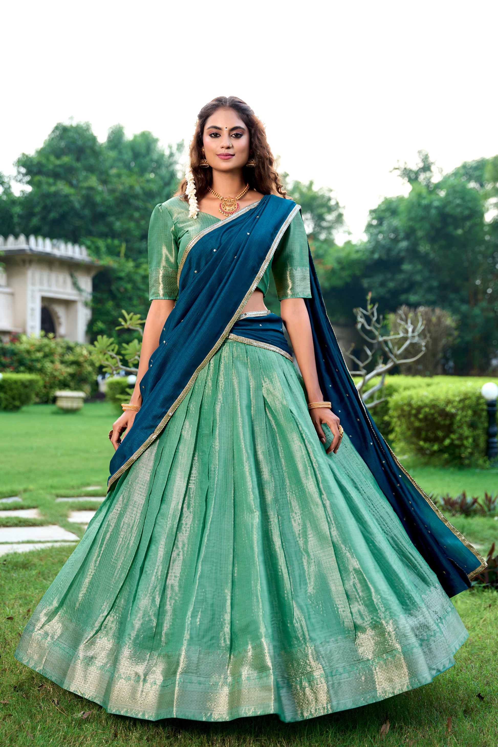 Lorenvalley Pista Kanchipuram Zari Weaving Work Lehenga Choli with Dupatta | Swadesiicart