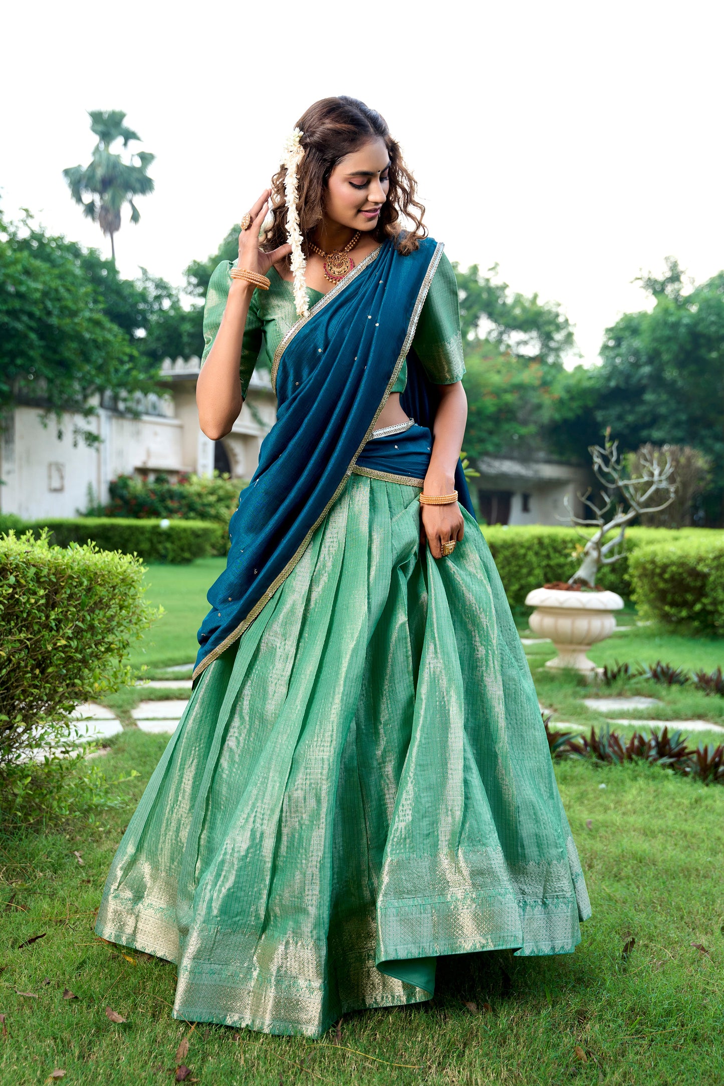 Lorenvalley Pista Kanchipuram Zari Weaving Work Lehenga Choli with Dupatta | Swadesiicart