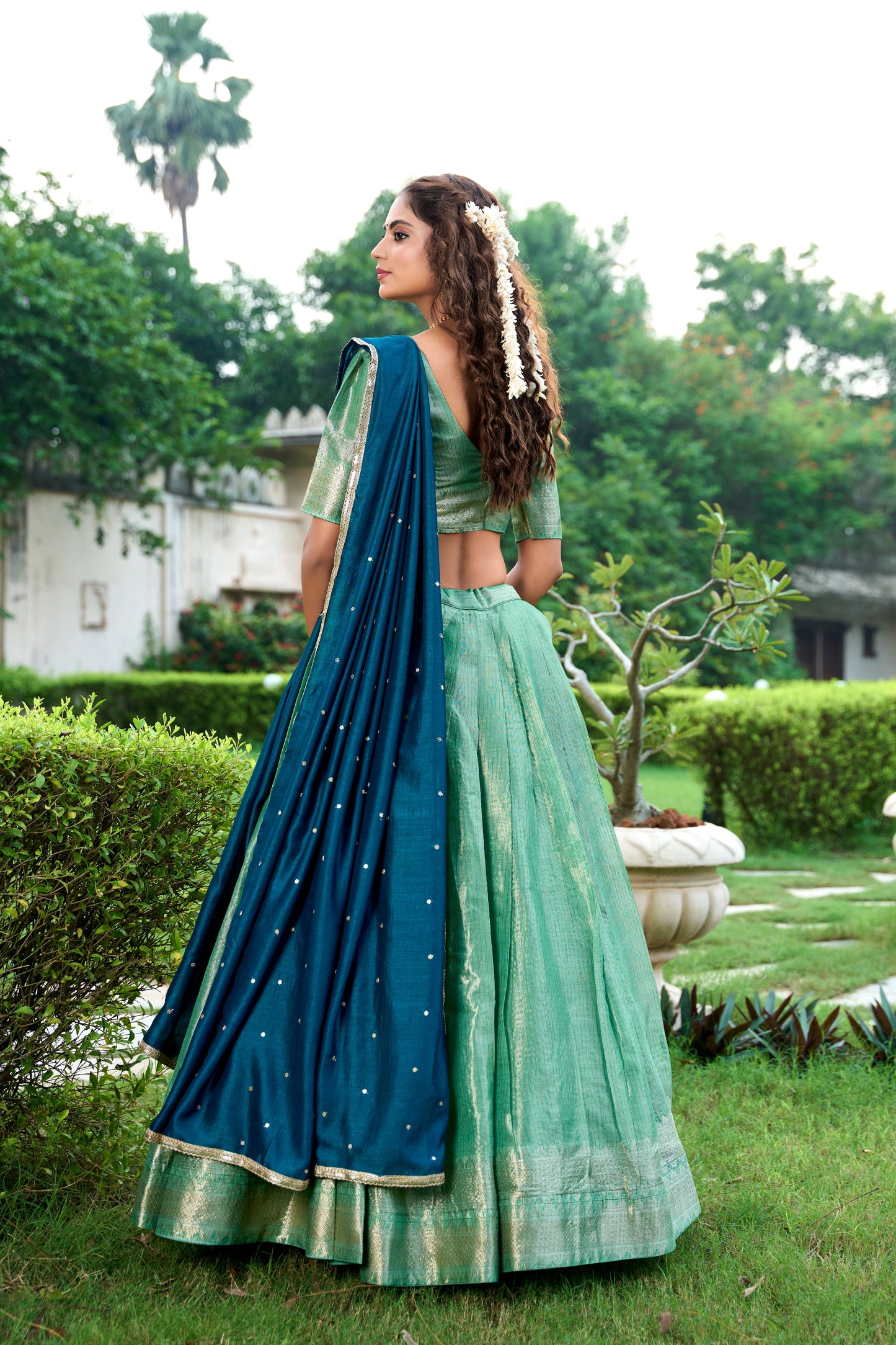 Lorenvalley Pista Kanchipuram Zari Weaving Work Lehenga Choli with Dupatta | Swadesiicart