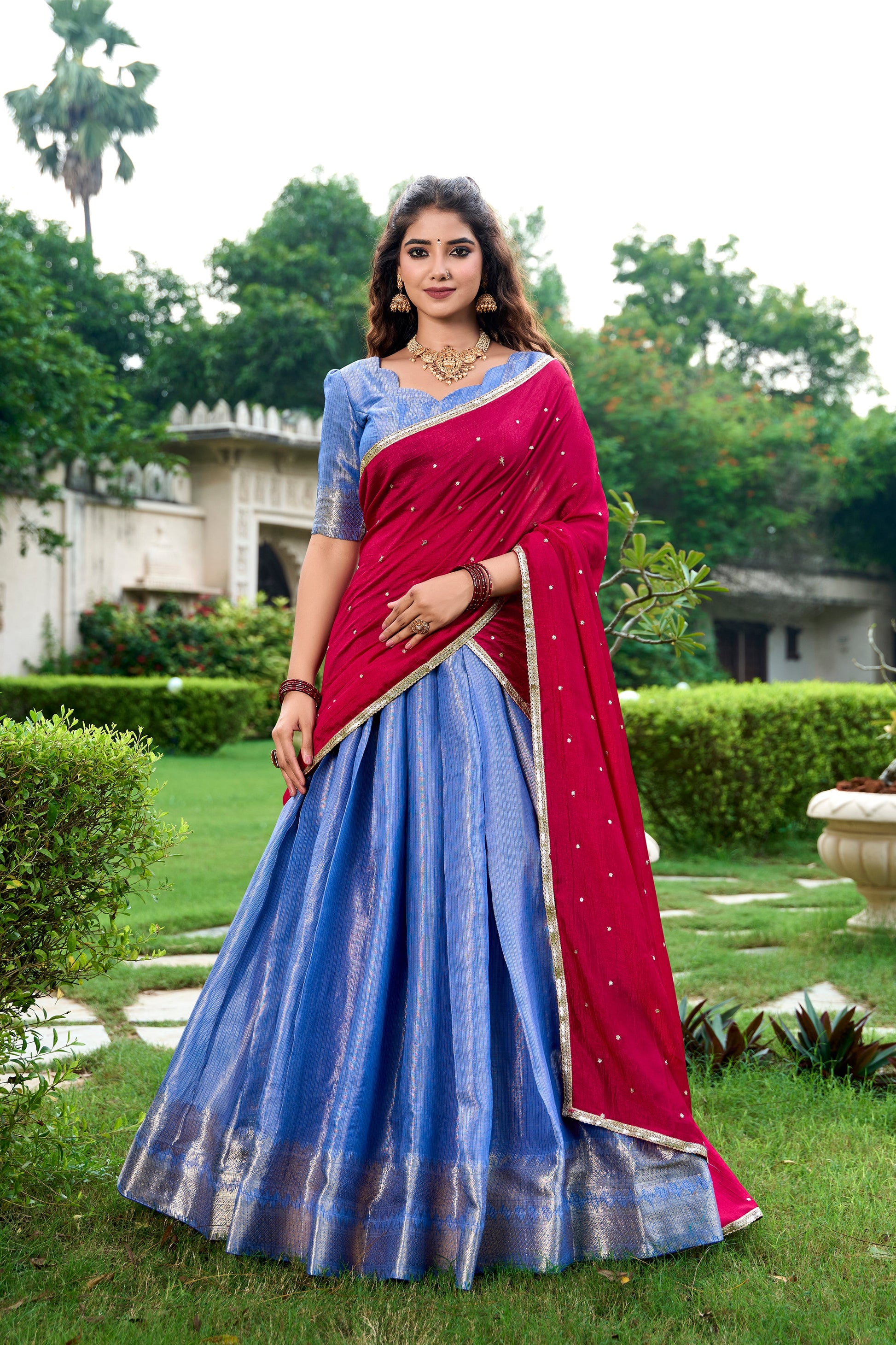 Lorenvalley Royal Blue Kanchipuram Zari Weaving Work Lehenga Choli with Dupatta | Swadesiicart