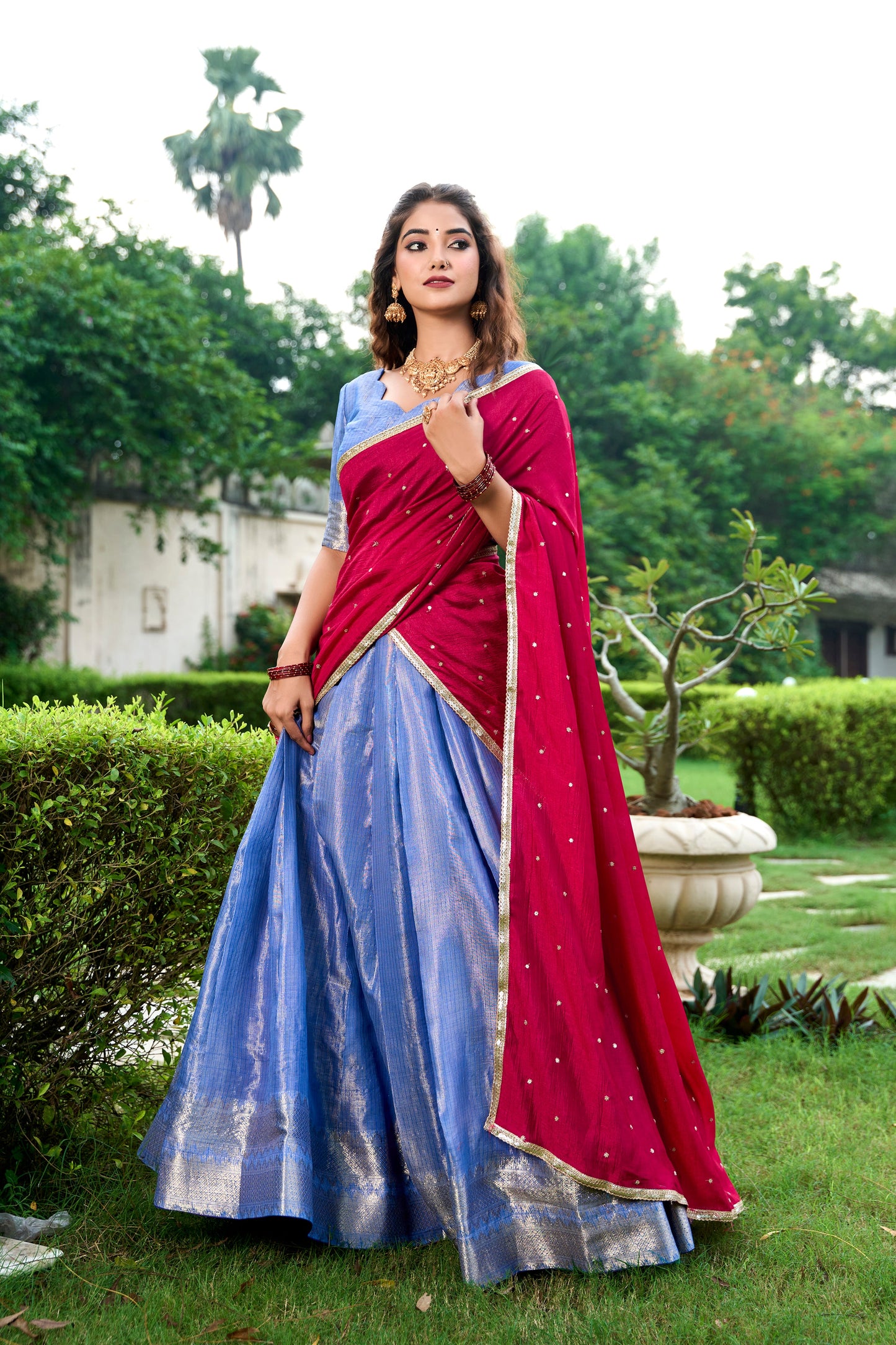 Lorenvalley Royal Blue Kanchipuram Zari Weaving Work Lehenga Choli with Dupatta | Swadesiicart