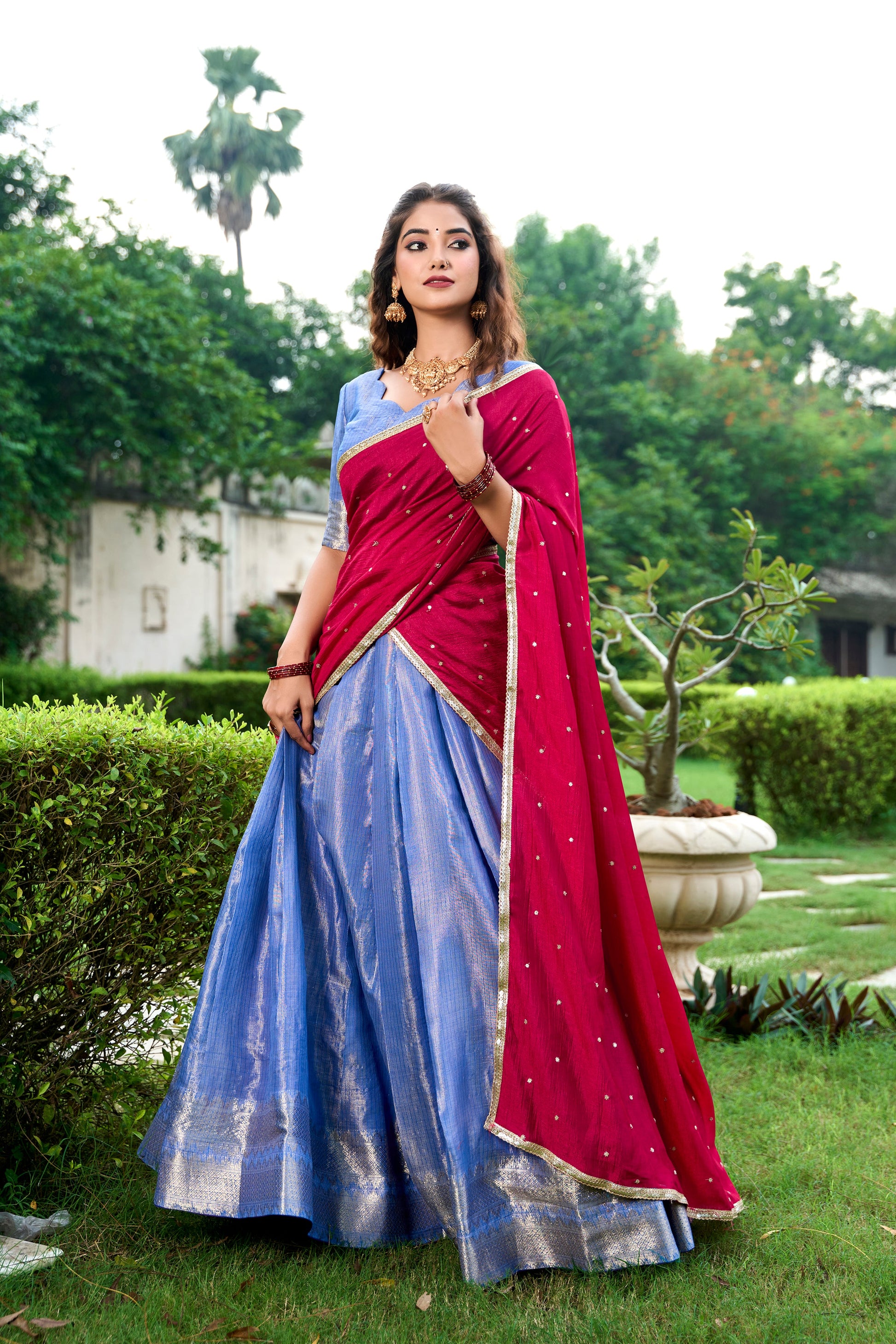 Lorenvalley Royal Blue Kanchipuram Zari Weaving Work Lehenga Choli with Dupatta | Swadesiicart