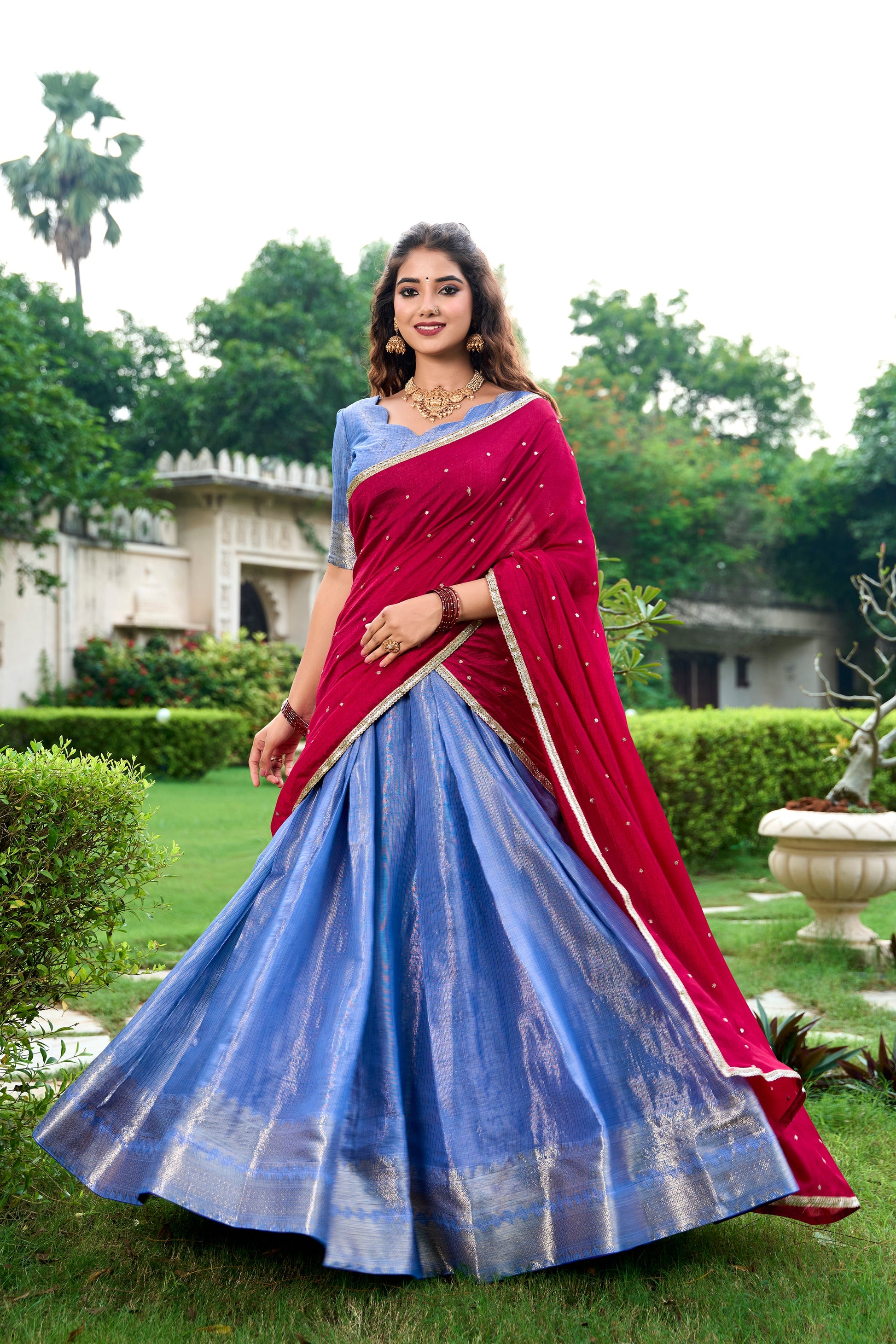 Lorenvalley Royal Blue Kanchipuram Zari Weaving Work Lehenga Choli with Dupatta | Swadesiicart