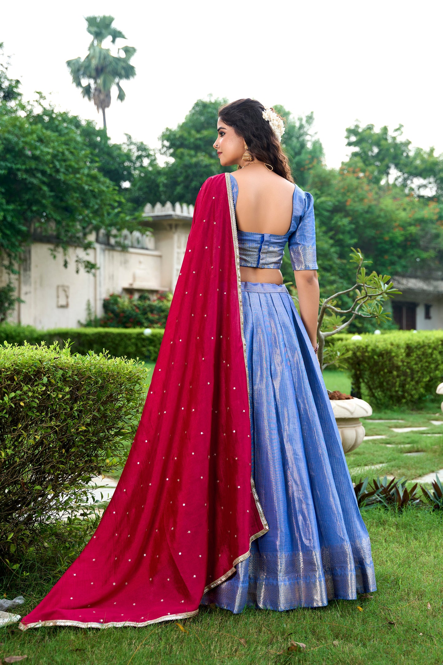 Lorenvalley Royal Blue Kanchipuram Zari Weaving Work Lehenga Choli with Dupatta | Swadesiicart