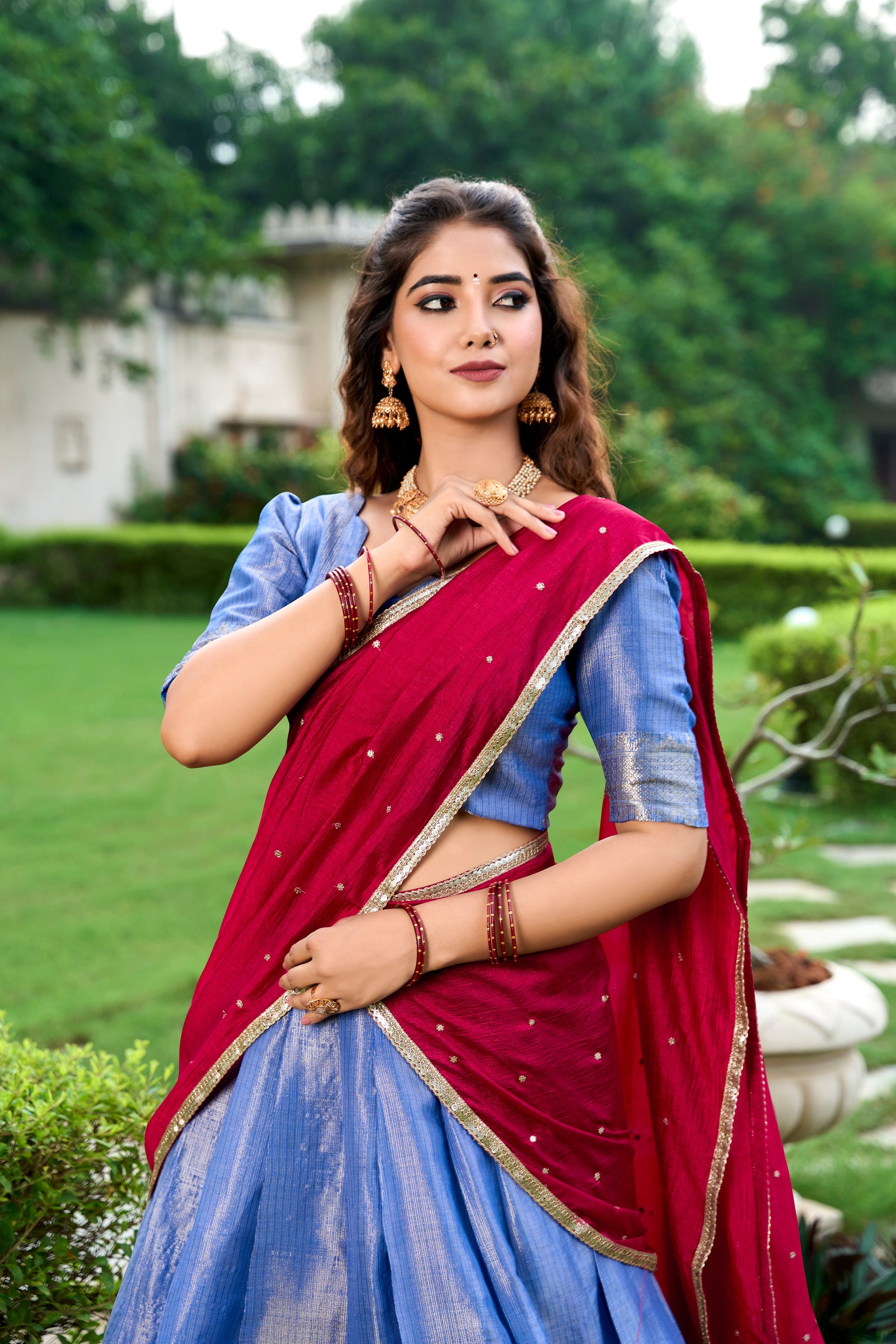 Lorenvalley Royal Blue Kanchipuram Zari Weaving Work Lehenga Choli with Dupatta | Swadesiicart