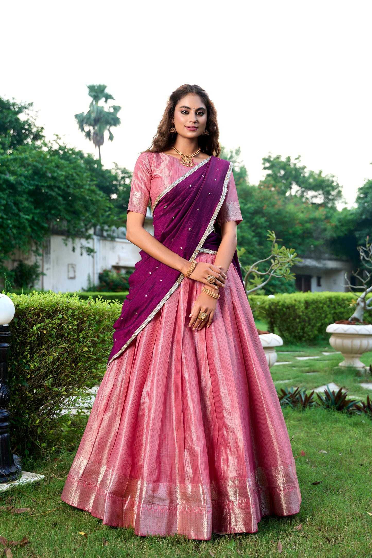 Lorenvalley Pink Kanchipuram Zari Weaving Work Lehenga Choli with Dupatta | Swadesiicart