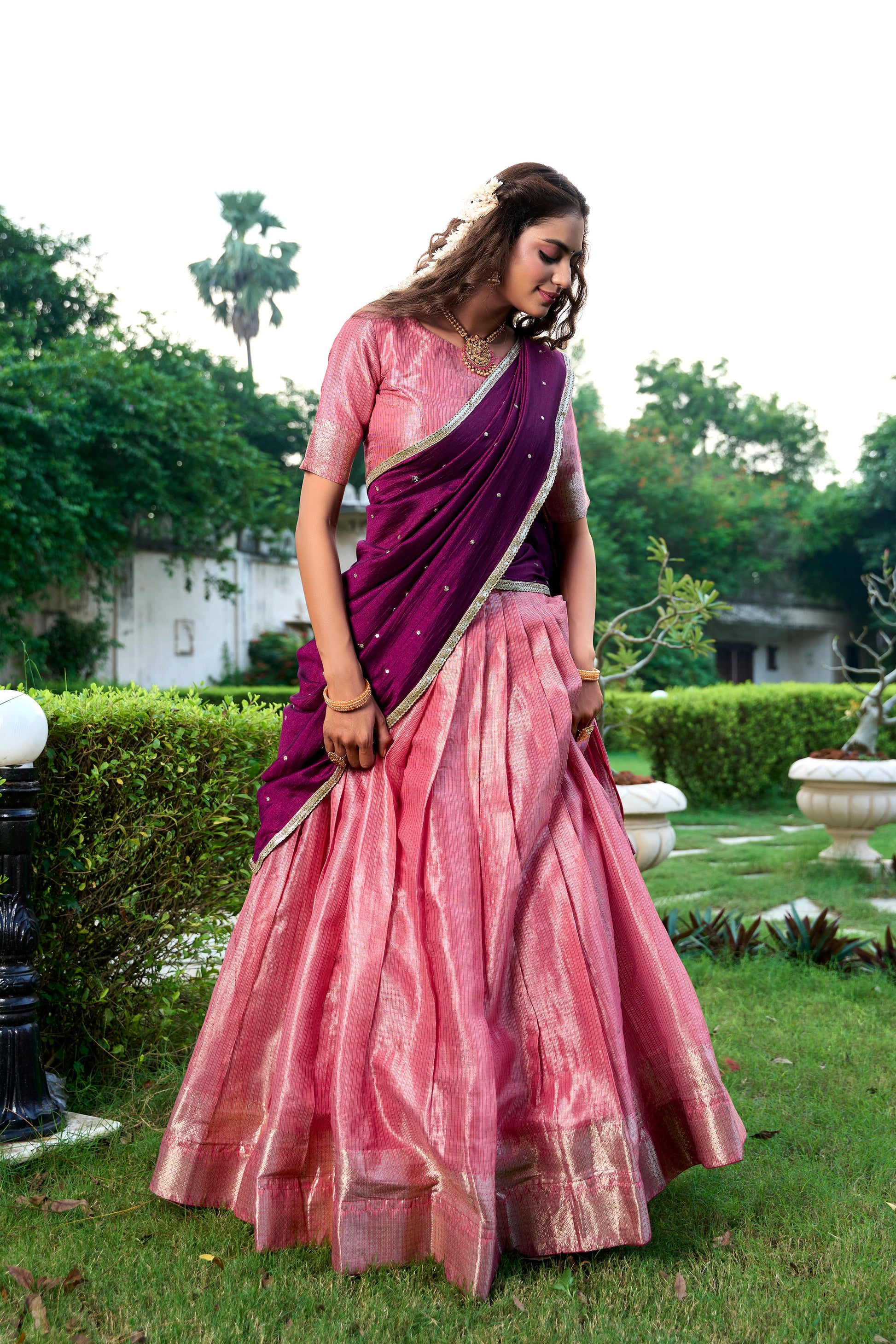 Lorenvalley Pink Kanchipuram Zari Weaving Work Lehenga Choli with Dupatta | Swadesiicart