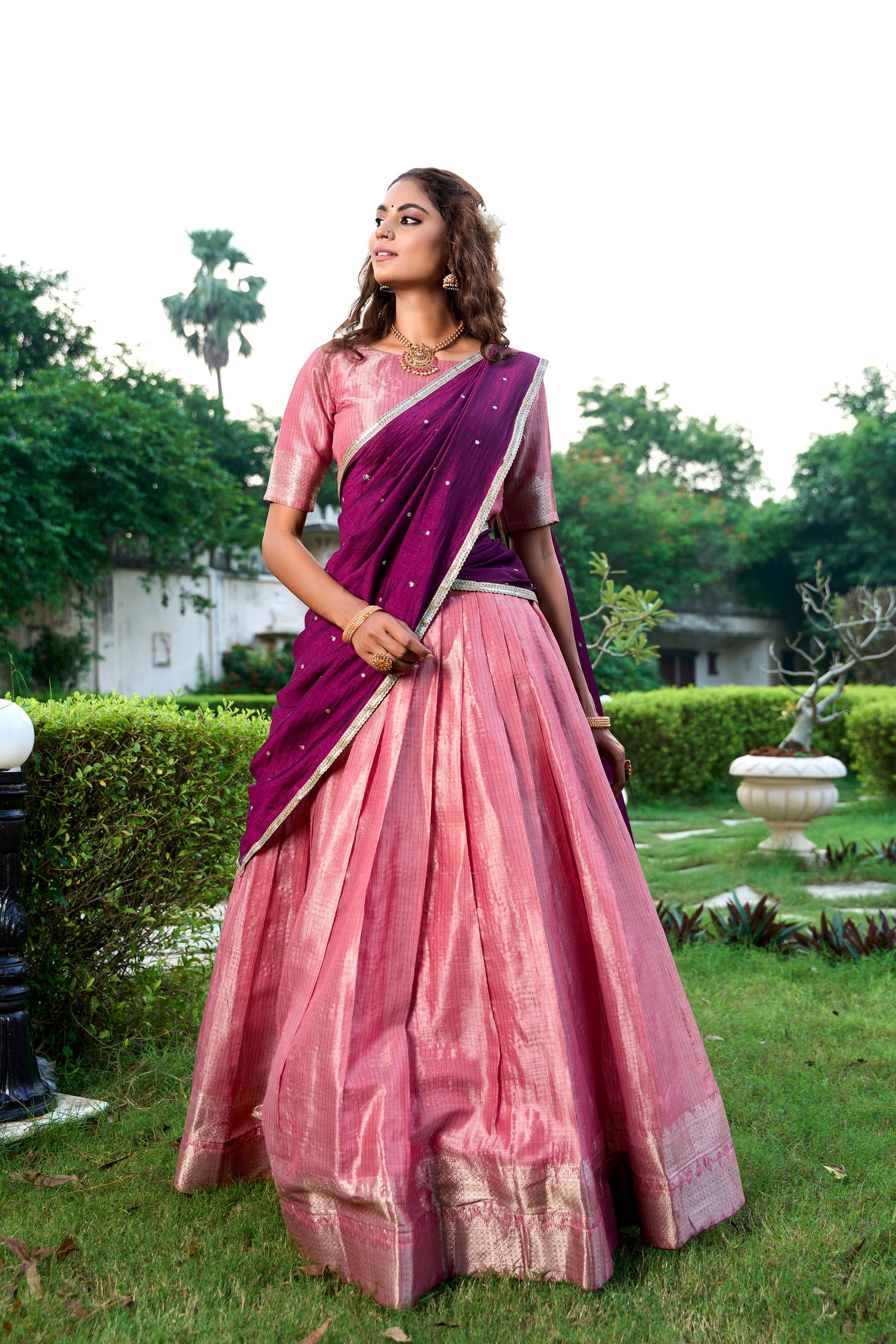 Lorenvalley Pink Kanchipuram Zari Weaving Work Lehenga Choli with Dupatta | Swadesiicart