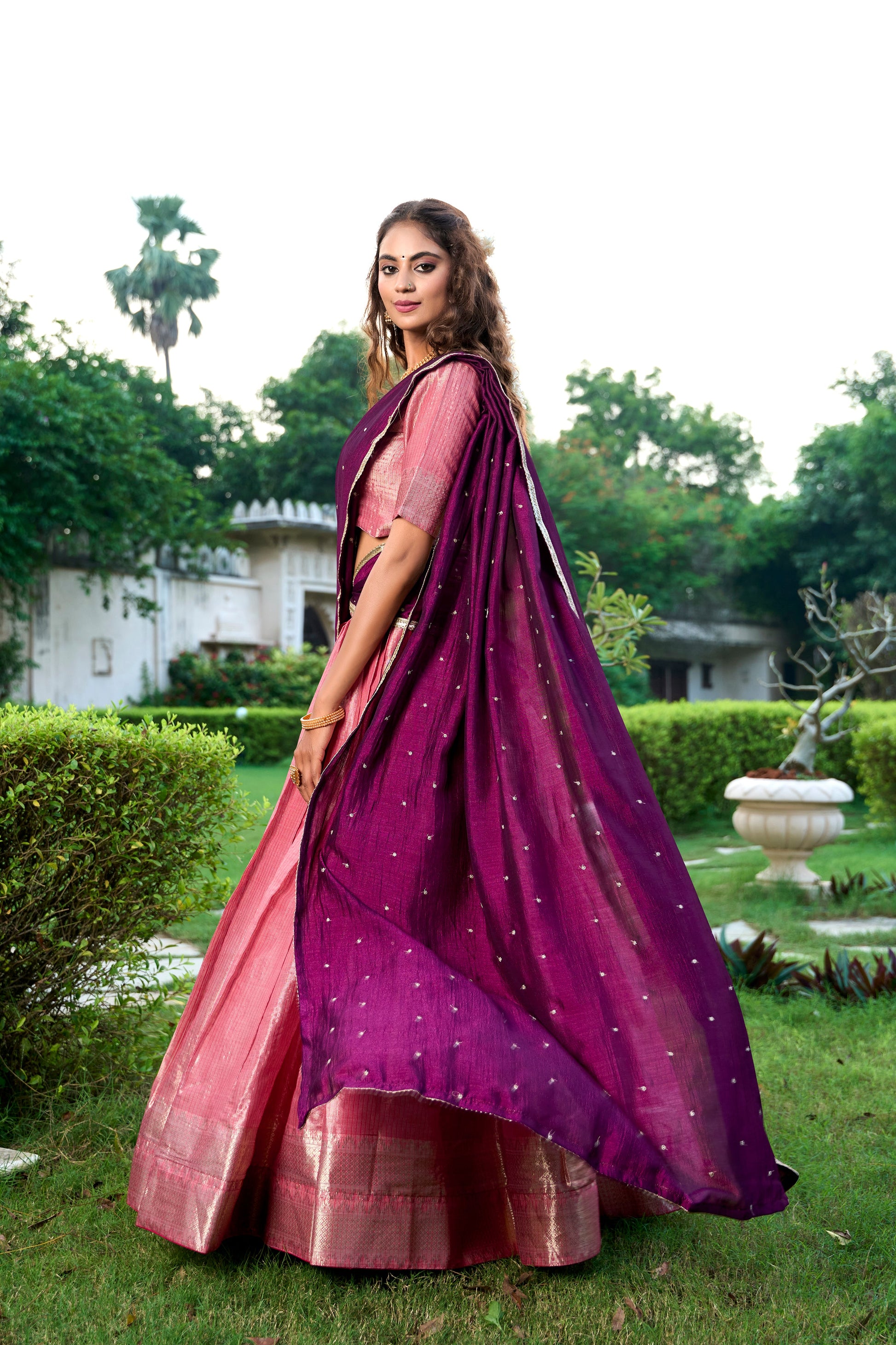 Lorenvalley Pink Kanchipuram Zari Weaving Work Lehenga Choli with Dupatta | Swadesiicart
