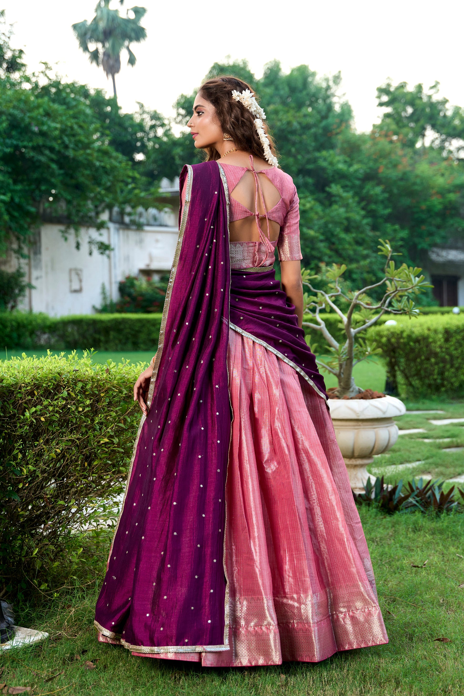 Lorenvalley Pink Kanchipuram Zari Weaving Work Lehenga Choli with Dupatta | Swadesiicart