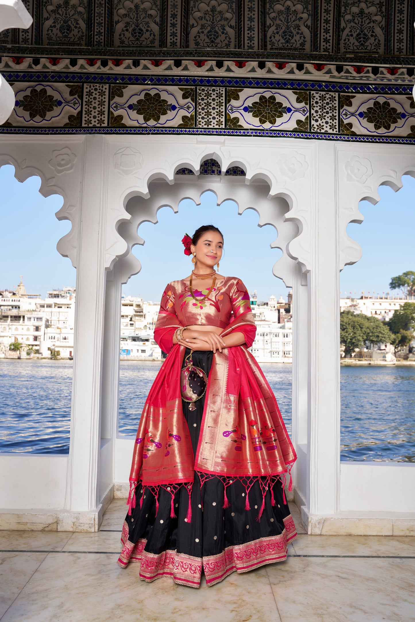 Lorenvalley Black Jacquard Silk Paithani Weaving Zari Work with Lace Touch Up Lehenga Choli with Dupatta | Swadesiicart