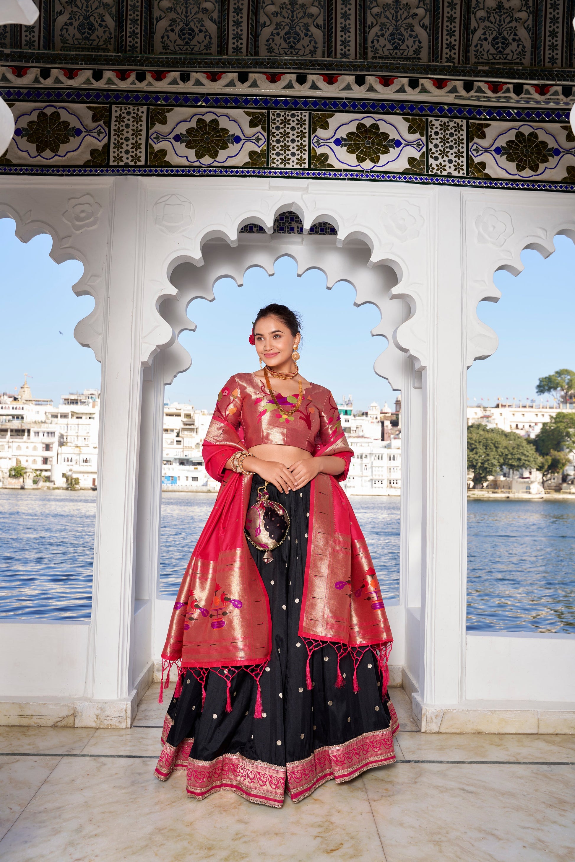 Lorenvalley Black Jacquard Silk Paithani Weaving Zari Work with Lace Touch Up Lehenga Choli with Dupatta | Swadesiicart