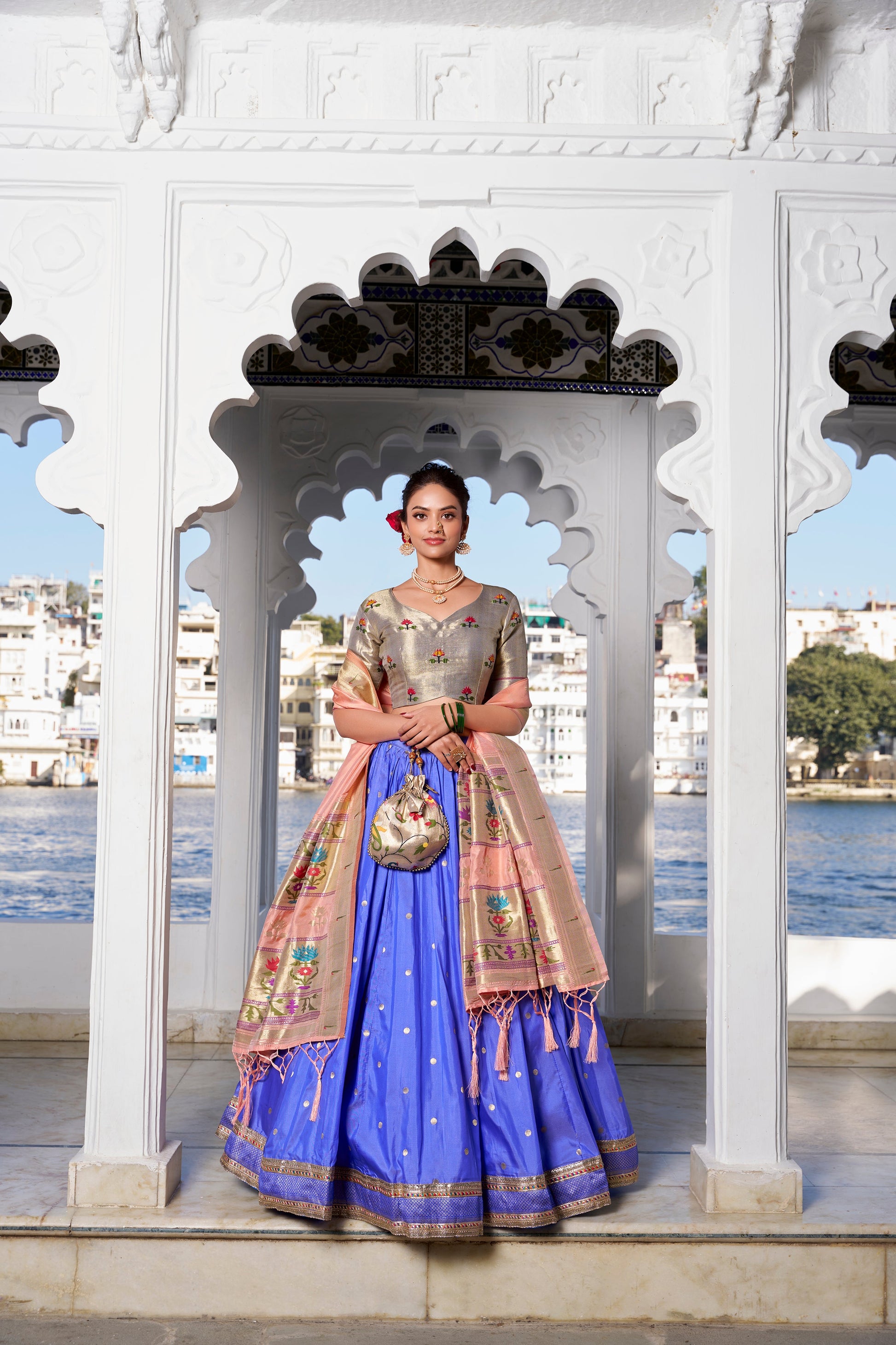 Lorenvalley Blue Jacquard Silk Paithani Weaving Zari Work with Lace Touch Up Lehenga Choli with Dupatta | Swadesiicart