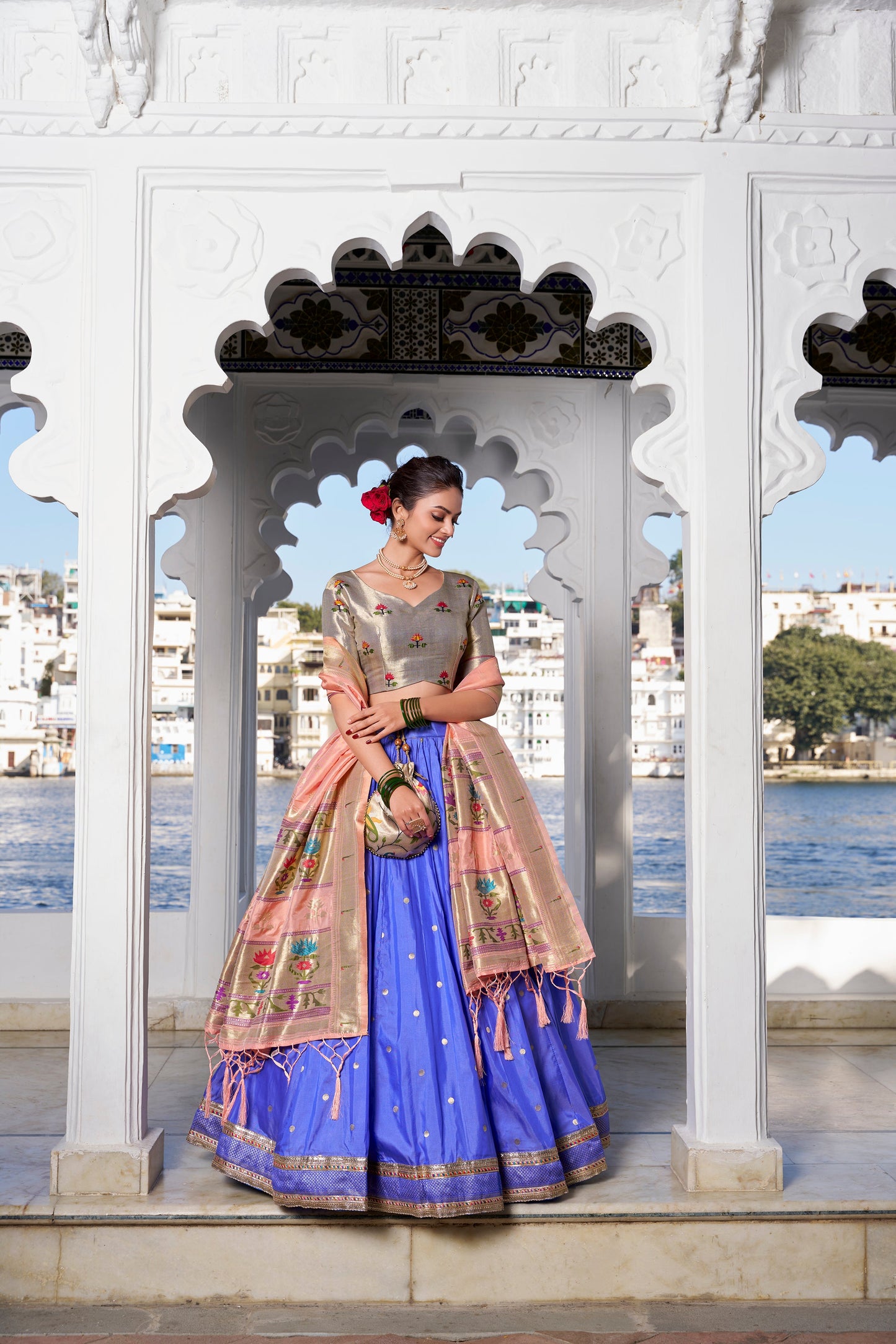 Lorenvalley Blue Jacquard Silk Paithani Weaving Zari Work with Lace Touch Up Lehenga Choli with Dupatta | Swadesiicart