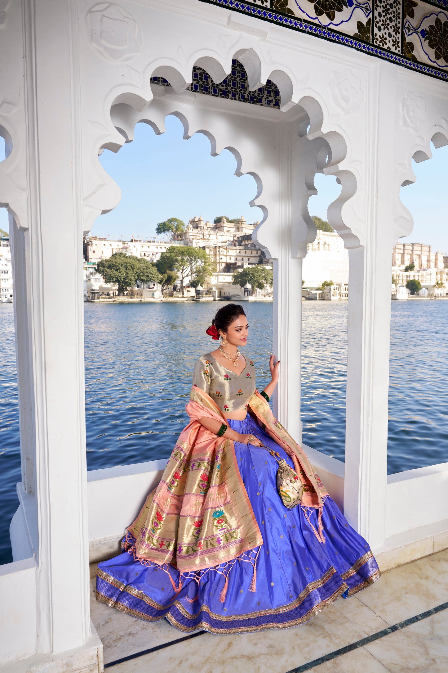 Lorenvalley Blue Jacquard Silk Paithani Weaving Zari Work with Lace Touch Up Lehenga Choli with Dupatta | Swadesiicart