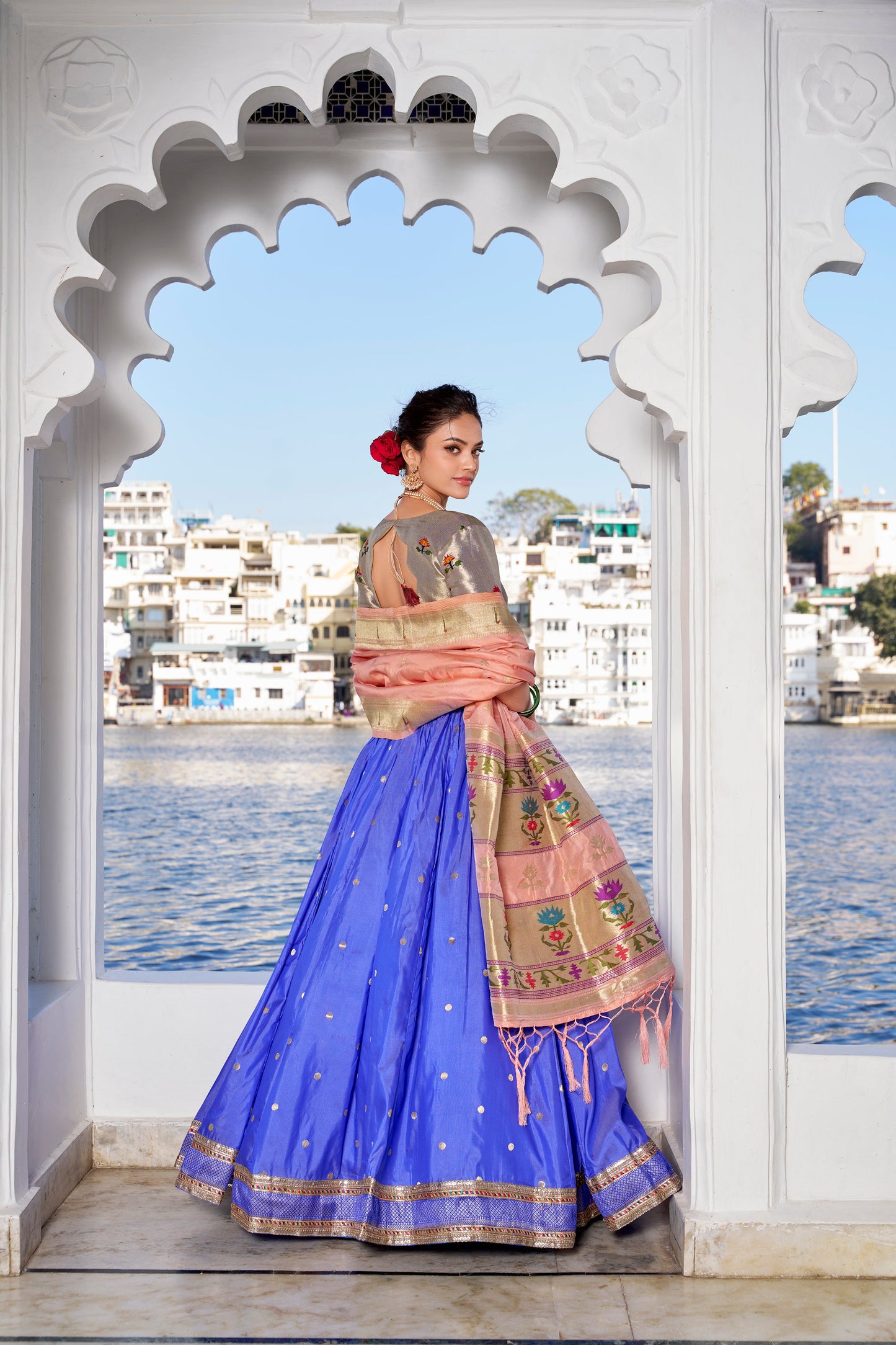 Lorenvalley Blue Jacquard Silk Paithani Weaving Zari Work with Lace Touch Up Lehenga Choli with Dupatta | Swadesiicart