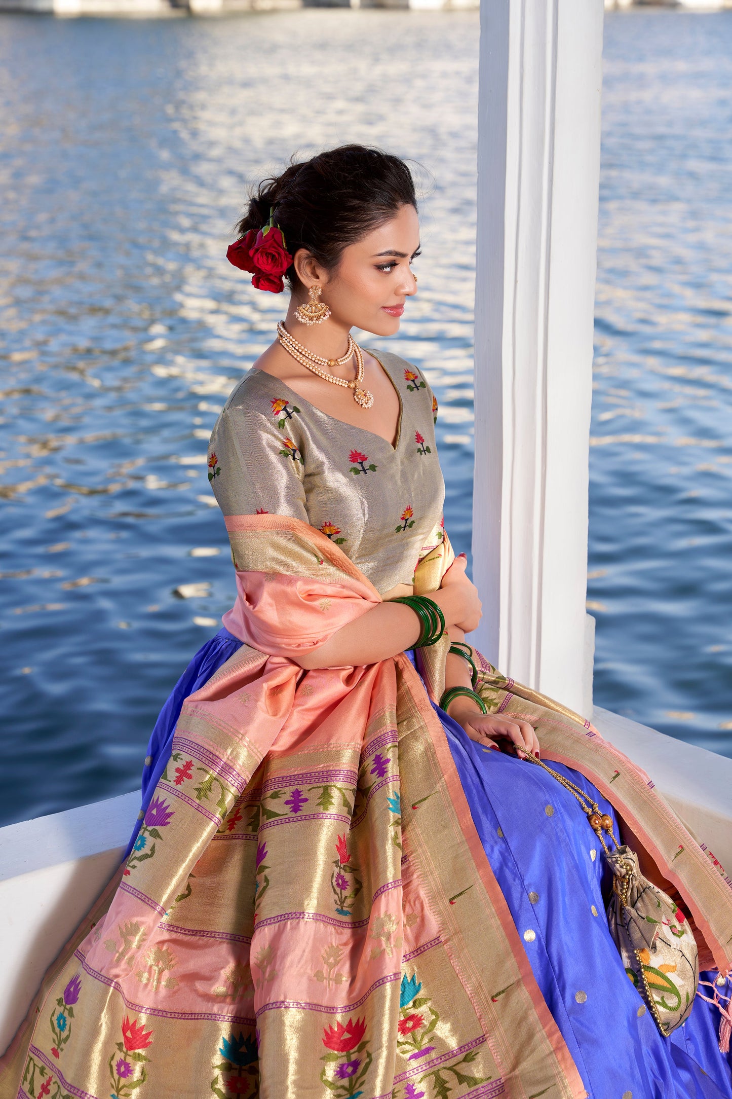 Lorenvalley Blue Jacquard Silk Paithani Weaving Zari Work with Lace Touch Up Lehenga Choli with Dupatta | Swadesiicart