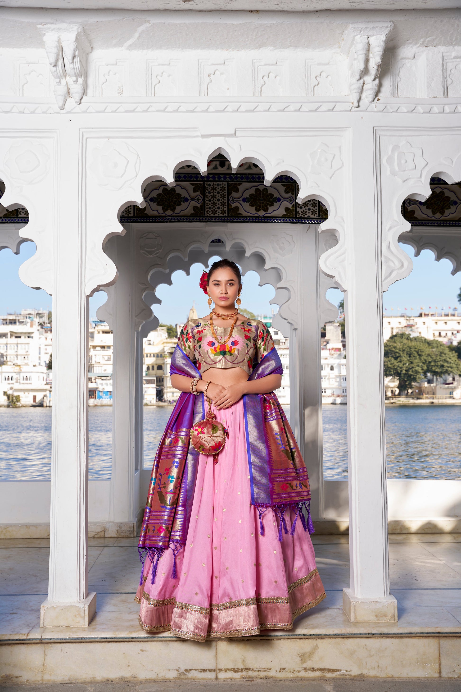 Lorenvalley Pink Jacquard Silk Paithani Weaving Zari Work with Lace Touch Up Lehenga Choli with Dupatta | Swadesiicart