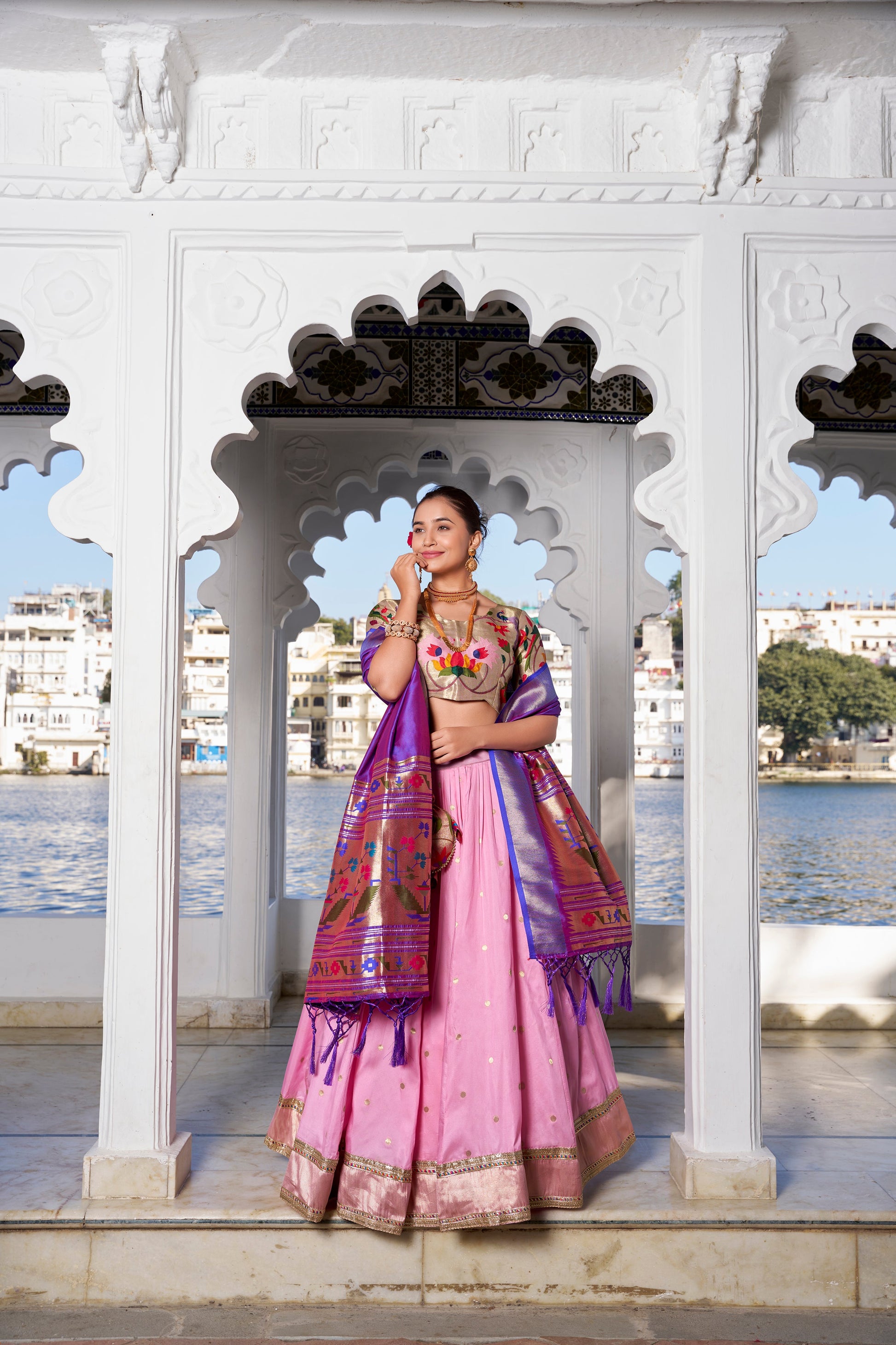 Lorenvalley Pink Jacquard Silk Paithani Weaving Zari Work with Lace Touch Up Lehenga Choli with Dupatta | Swadesiicart