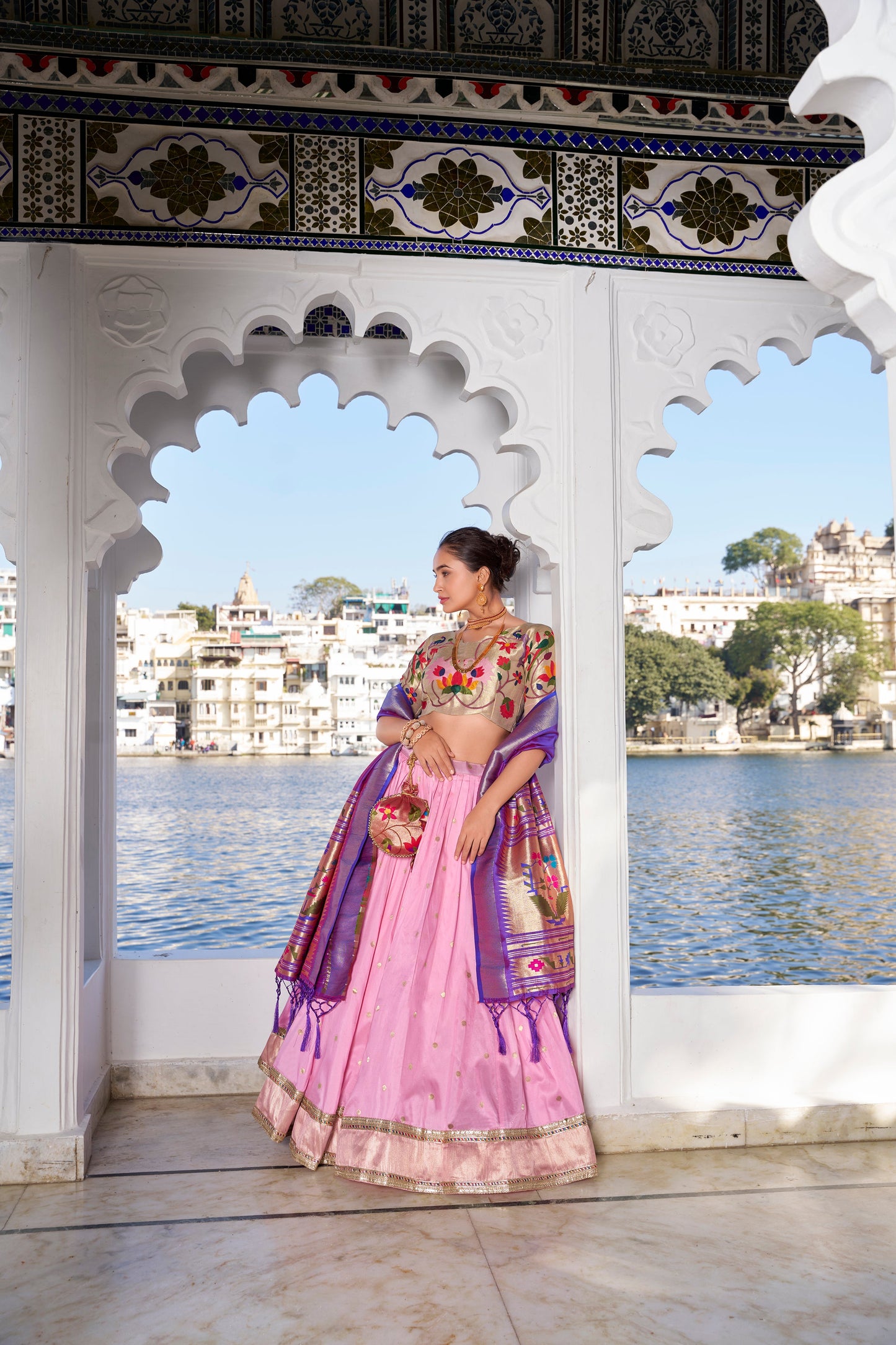 Lorenvalley Pink Jacquard Silk Paithani Weaving Zari Work with Lace Touch Up Lehenga Choli with Dupatta | Swadesiicart
